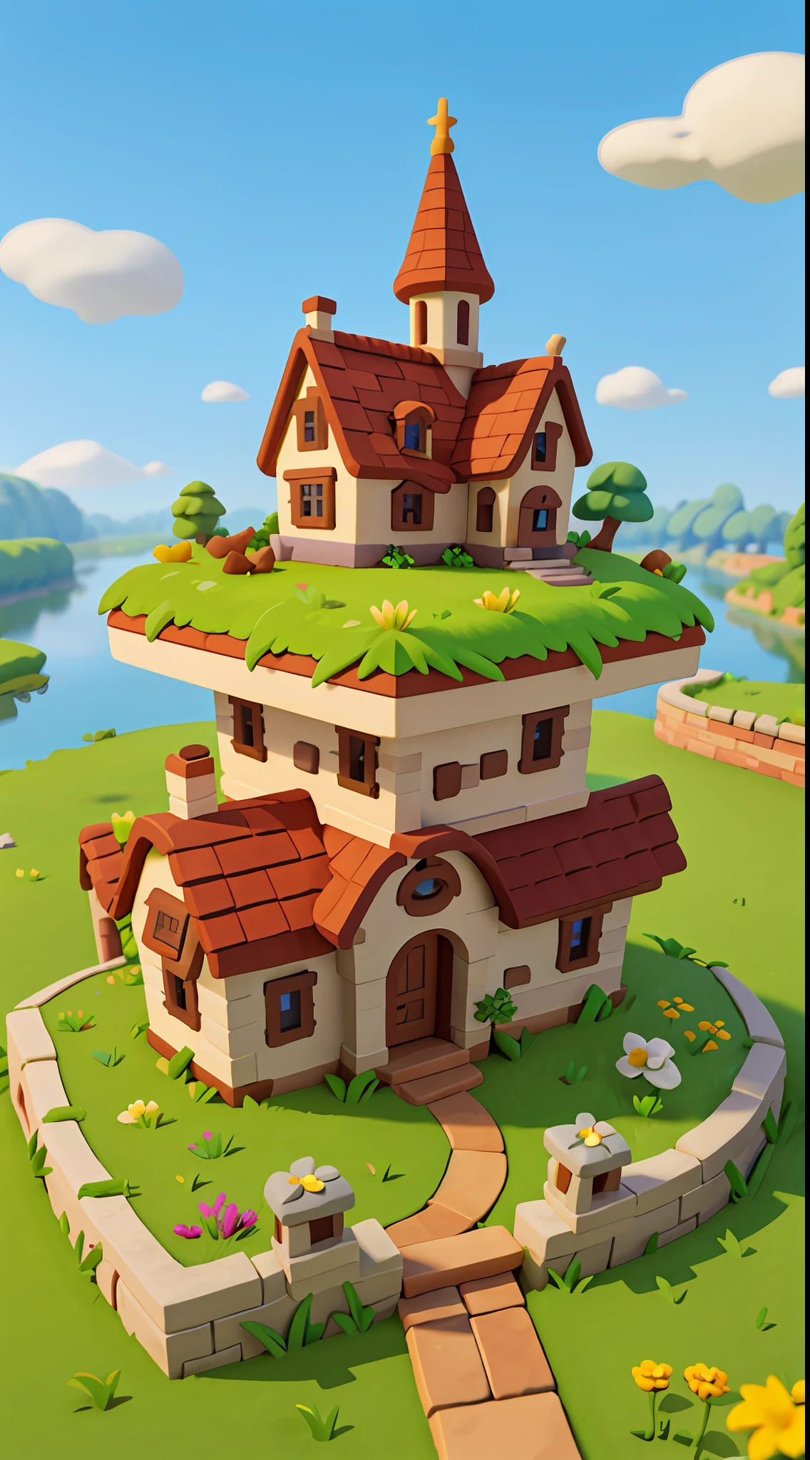 Cartoon style, polygon, game architectural design, fantasy, beautiful house, stone, brick, grass, river, flower, vegetable, wheat, tree, animal, casual game style, creative, best details, cartoon style, 3d, blender, masterpiece, best quality, cartoon rendering, 8K