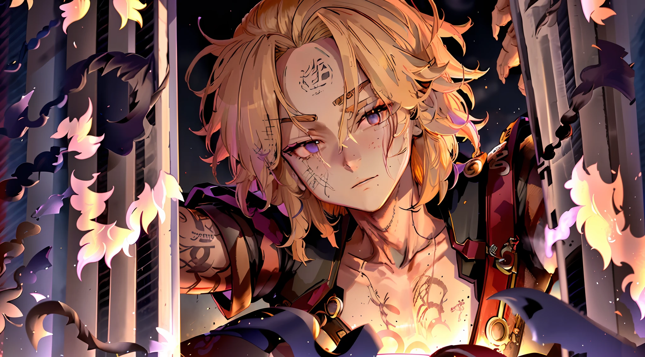((extremely detailed CG 8k wallpaper unit, masterpiece, best quality, ultra-detailed), (better lighting, better shadow, an extremely delicate and beautiful), dynamic angle, dynamic pose, (1 male character), Tokyo Revengers, Manjiro Sano, blonde hair, vicious expression, aggressive look, (tattoo on left arm + scar on right eye: 1.2), Tokyo cityscape, neon lights, midnight,  intense atmosphere, man, anime, japanese anime, aggressive colors, character faithful to the anime Tokyo revengers, manjiro sano de Tokyo Revengers, mikey de Tokyo Revengers, anime Tokyo revengers, anime, anime, blonde hair, blonde hair, anime graphics, anime graphics, destroyer, merciless, well-defined eyes and hair, well-defined eyes, well-defined hair, clean image, male focus, male character,  chaotic landscape, Tokyo background, destroyed Tokyo background, chaotic background.