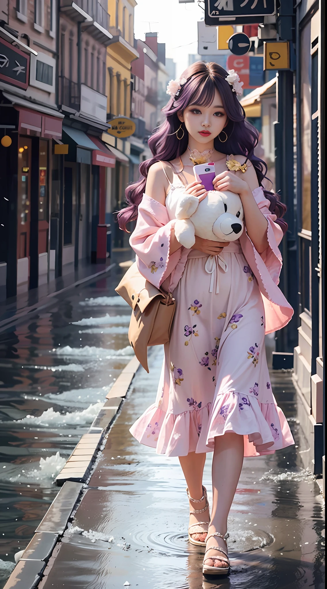 1 girl walking on the river, mix 4, sweater, pillow, lips, open_mouth, realism, photo_\(medium), solo, stuffed_animal, stuffed_toy, teddy_bear, (masterpiece), (realistic: 1.3), ultra detail, (high detail skin: 1.2), (best quality: 1.0), (ultra high resolution: 1.0), (ulzzang-6500:0.3), Wavy details purple hair, long hair, sunshine, (beautiful detail makeup), floral theme petals scattered, (soft glow flood: 0.5), full body, full body photo