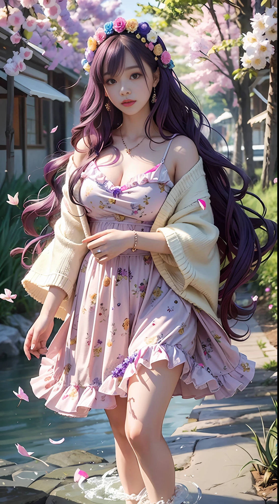 1 girl walking on the river, mix 4, sweater, pillow, lips, open_mouth, realism, photo_\(medium), solo, stuffed_animal, stuffed_toy, teddy_bear, (masterpiece), (realistic: 1.3), ultra detail, (high detail skin: 1.2), (best quality: 1.0), (ultra high resolution: 1.0), (ulzzang-6500:0.3), Wavy details purple hair, long hair, sunshine, (beautiful detail makeup), floral theme petals scattered, (soft glow flood: 0.5), full body, full body photo