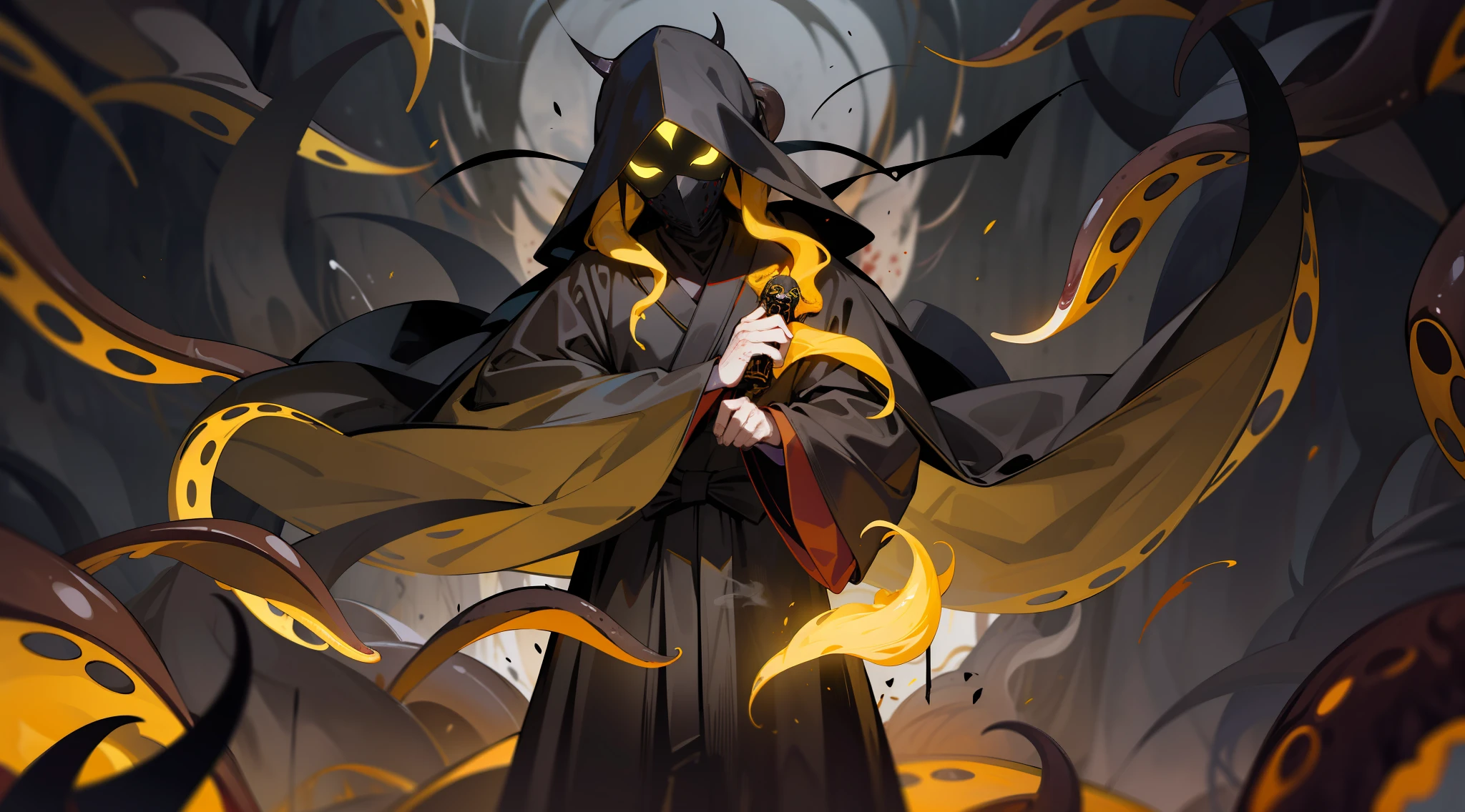 black robes, dark yellow cultist mask, dark aura, yellow shadowy smoke, horror ambient, surrounded by dark yellow tentacles, gore, horror, bloody, ritualistic, mystic, monstrous