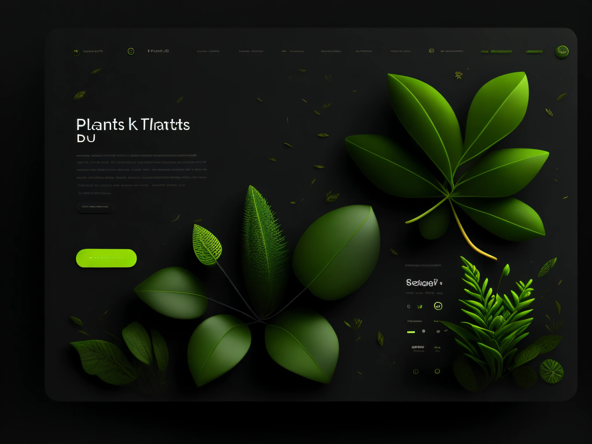UI design, web page, plants, black background, 8k