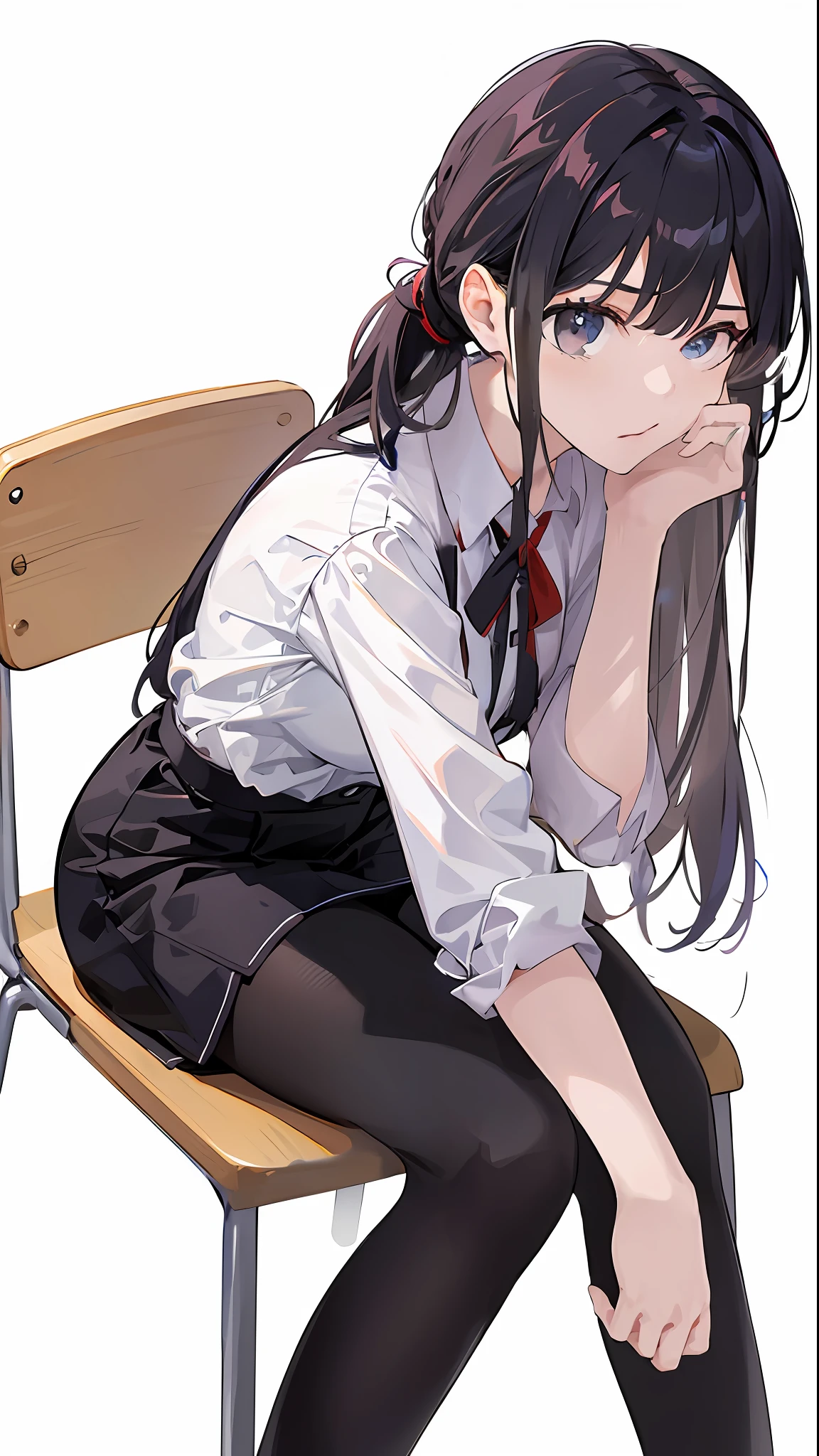 1girl sitting on a chair, white hair, ponytail, bangs, in a classroom, perfect anatomy, perfect hand