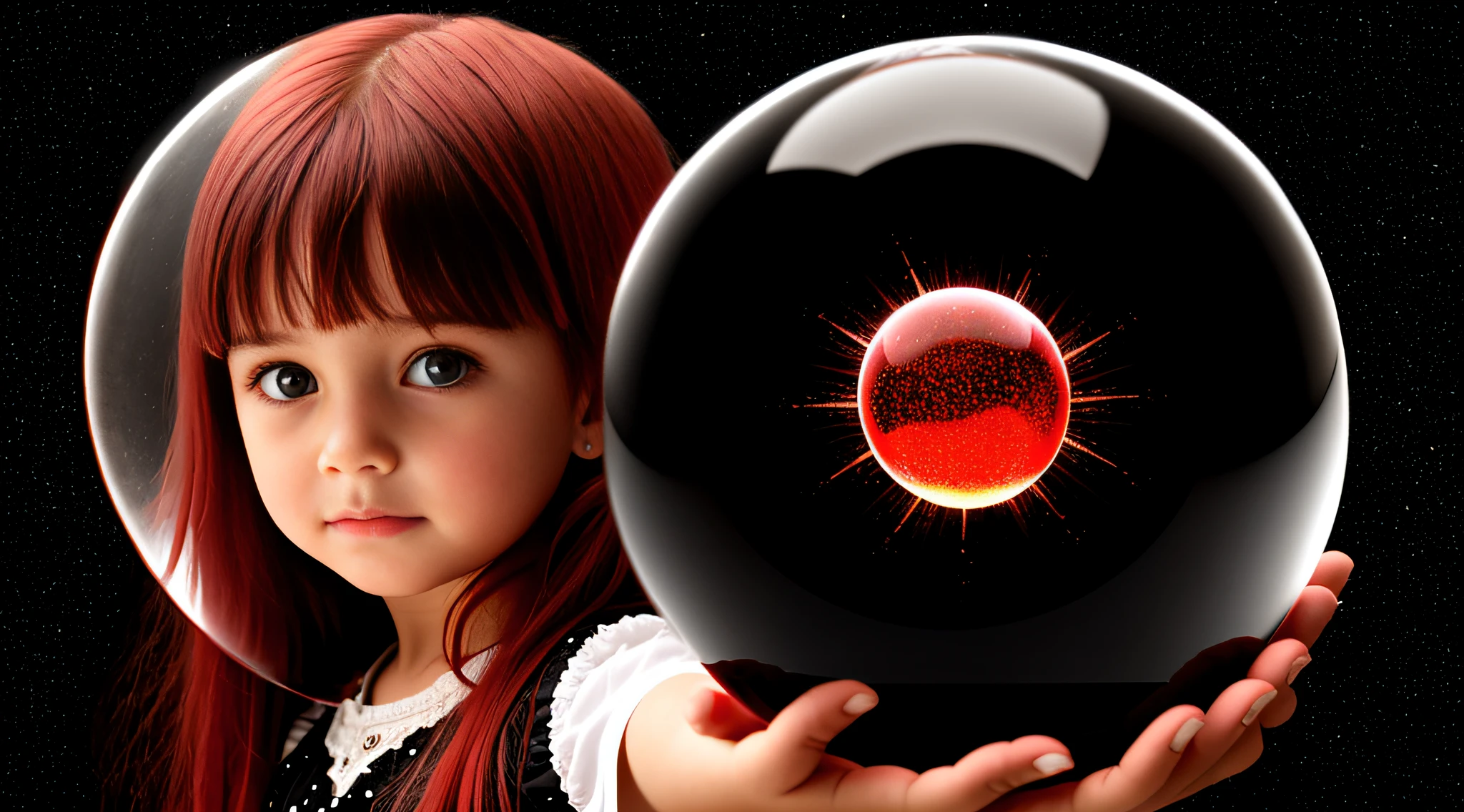 WITH STRAIGHT RED HAIR, BLACK BACKGROUND, a crystal ball in her hands.