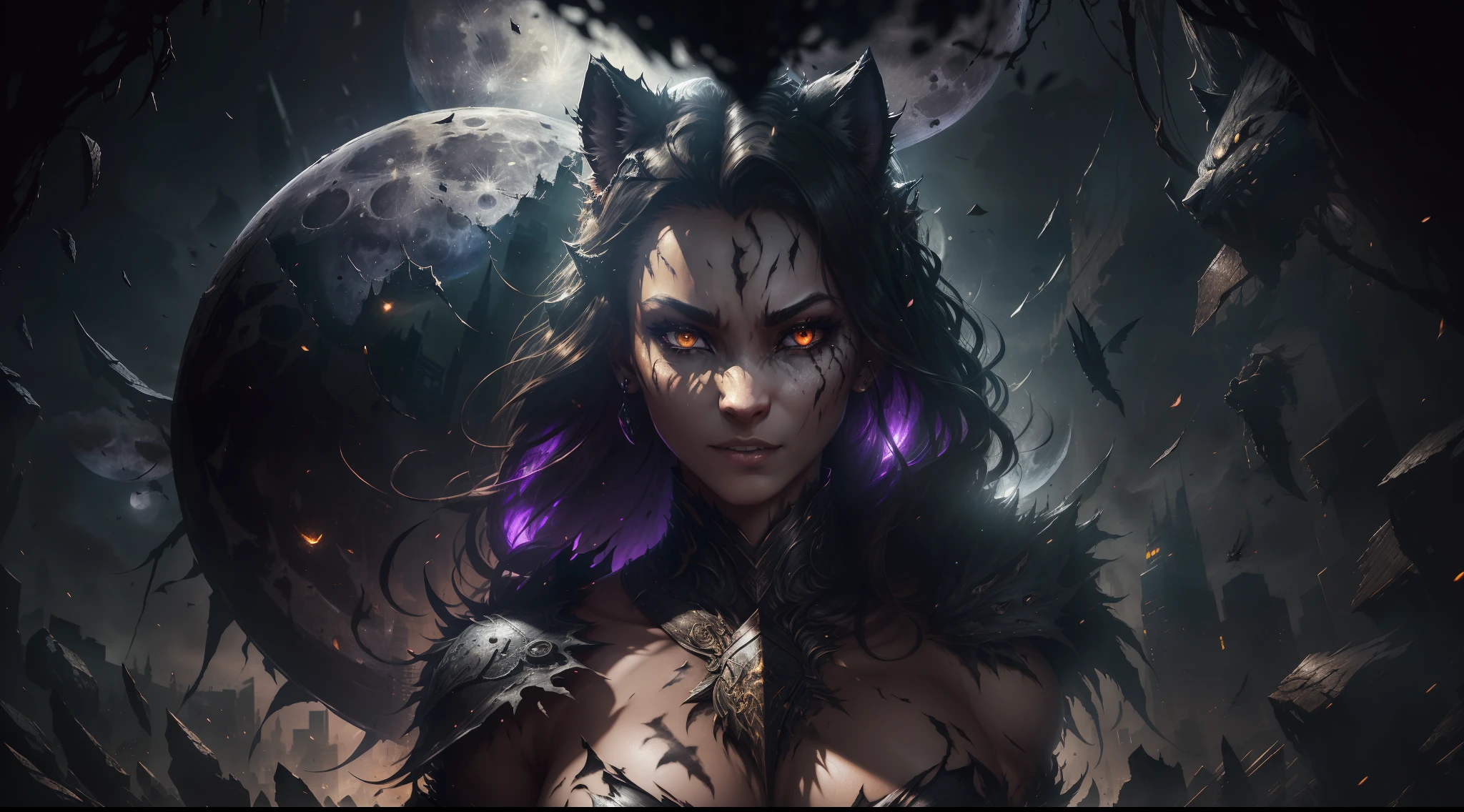 (full moon), transformation of beautiful European woman with a wasp waist into (werewolf panther), torn skin, torn clothes hanging in shreds, screams, horror, highly detailed digital art, masterpiece, art station, stunning detail (cinematic lighting), drama, night, mystical essence, clear focus, dark lighting, heavy shadows, detailed face (semi-realistic: 1.6), dynamic camera angle (horror), (dark fantasy), split T-bleeding (best lighting), (super complex details)), (super detail)),, Torn clothes in Ultra-HD format, against the backdrop of a huge bright full moon, a modern city at night, ((in skyscrapers made of glass and concrete, a bright full moon is reflected)), knight of the night, ((huge bright full moon in the background)), dynamic pose, animal grin on a beautiful female face, the girl is naked and only small shreds of torn clothes barely cover her nakedness, ((1 woman)), perfect full frame,