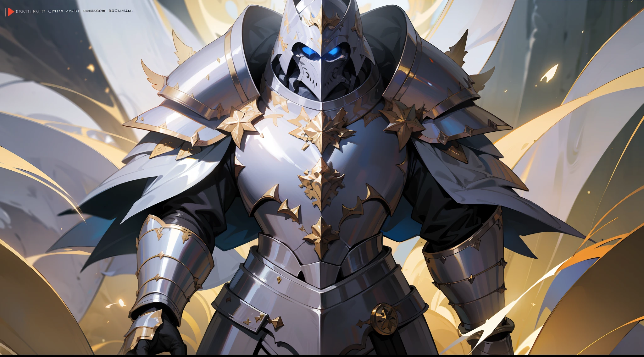a mad angry medieval white knight, detailed armor, detailed helmet, detailed large white sword, mystic golden jewels in the armor, cosmic white hole background, horror, mist, shadowy smoke, dark ambient, dark aura