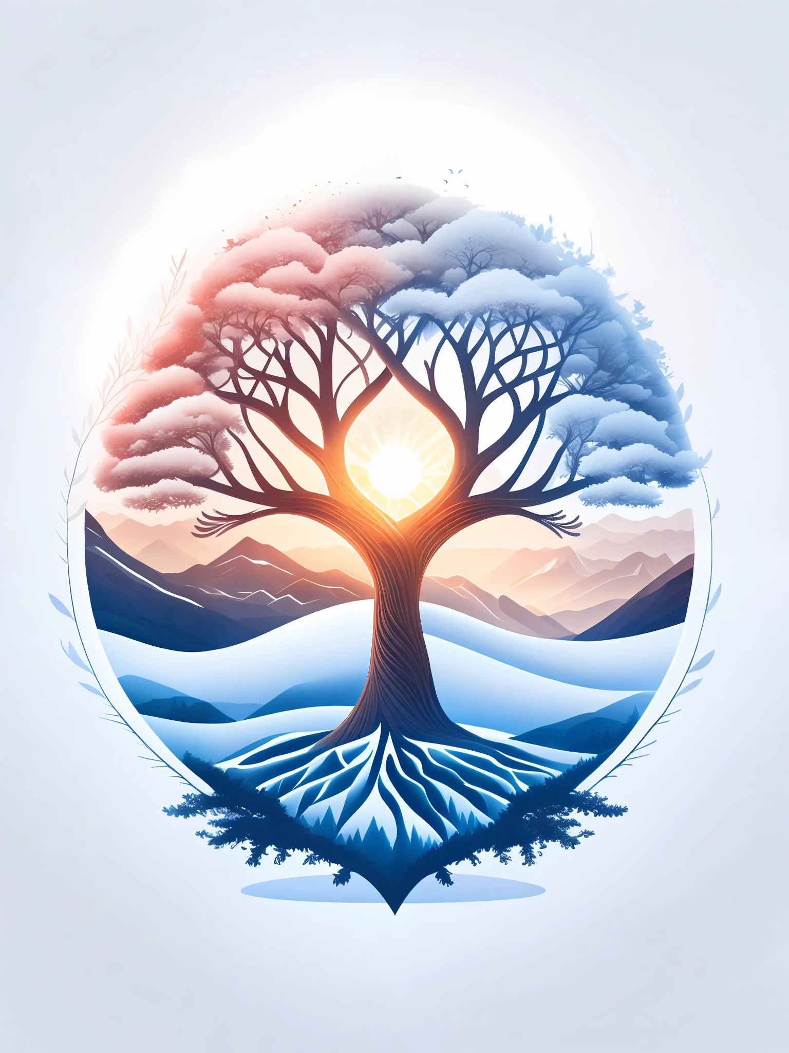 A tree of life, in a winter landscape, T-shirt design, rzminjourney, vector art, white background, centered
