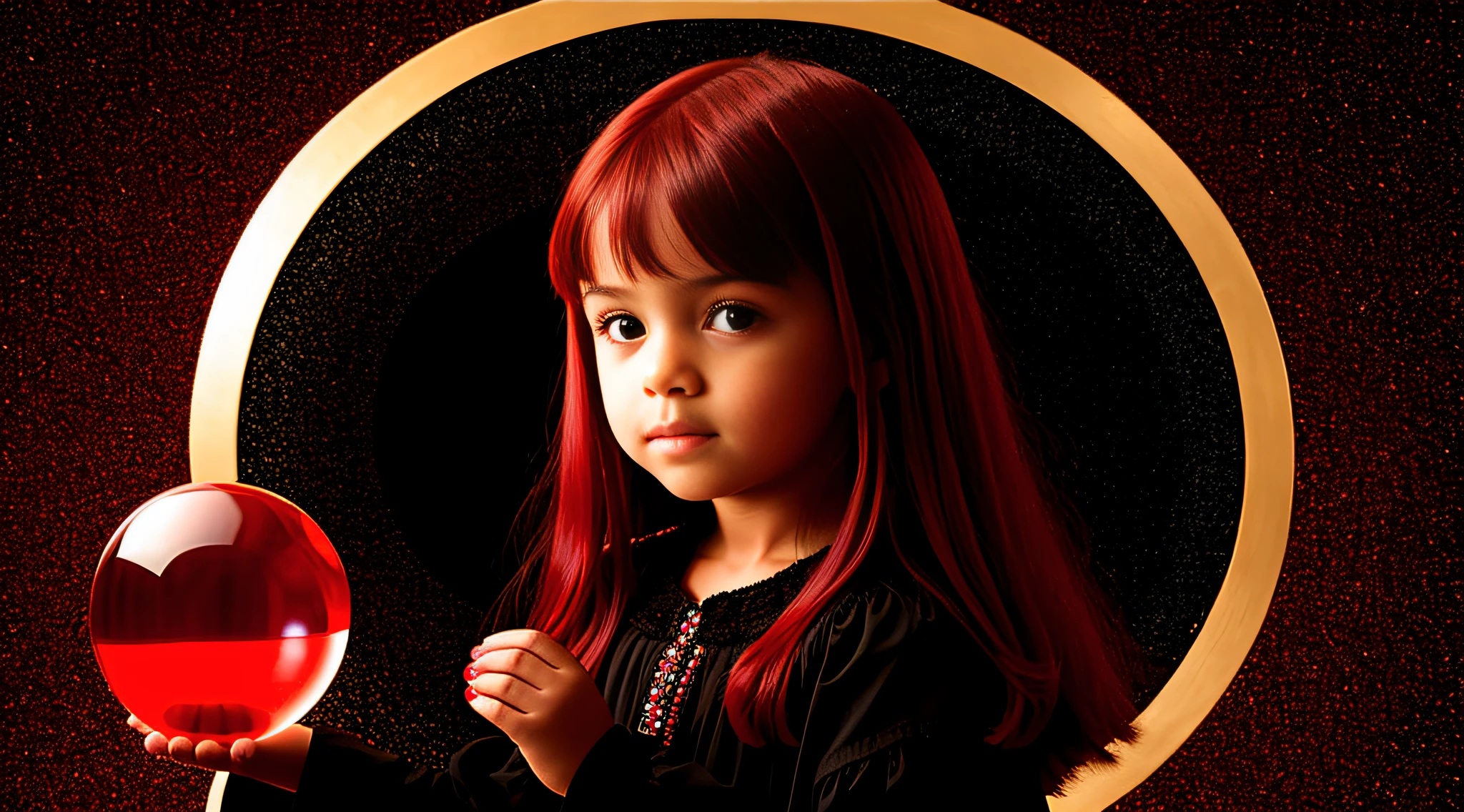  WITH STRAIGHT RED HAIR, BLACK BACKGROUND, a crystal ball in her hands.