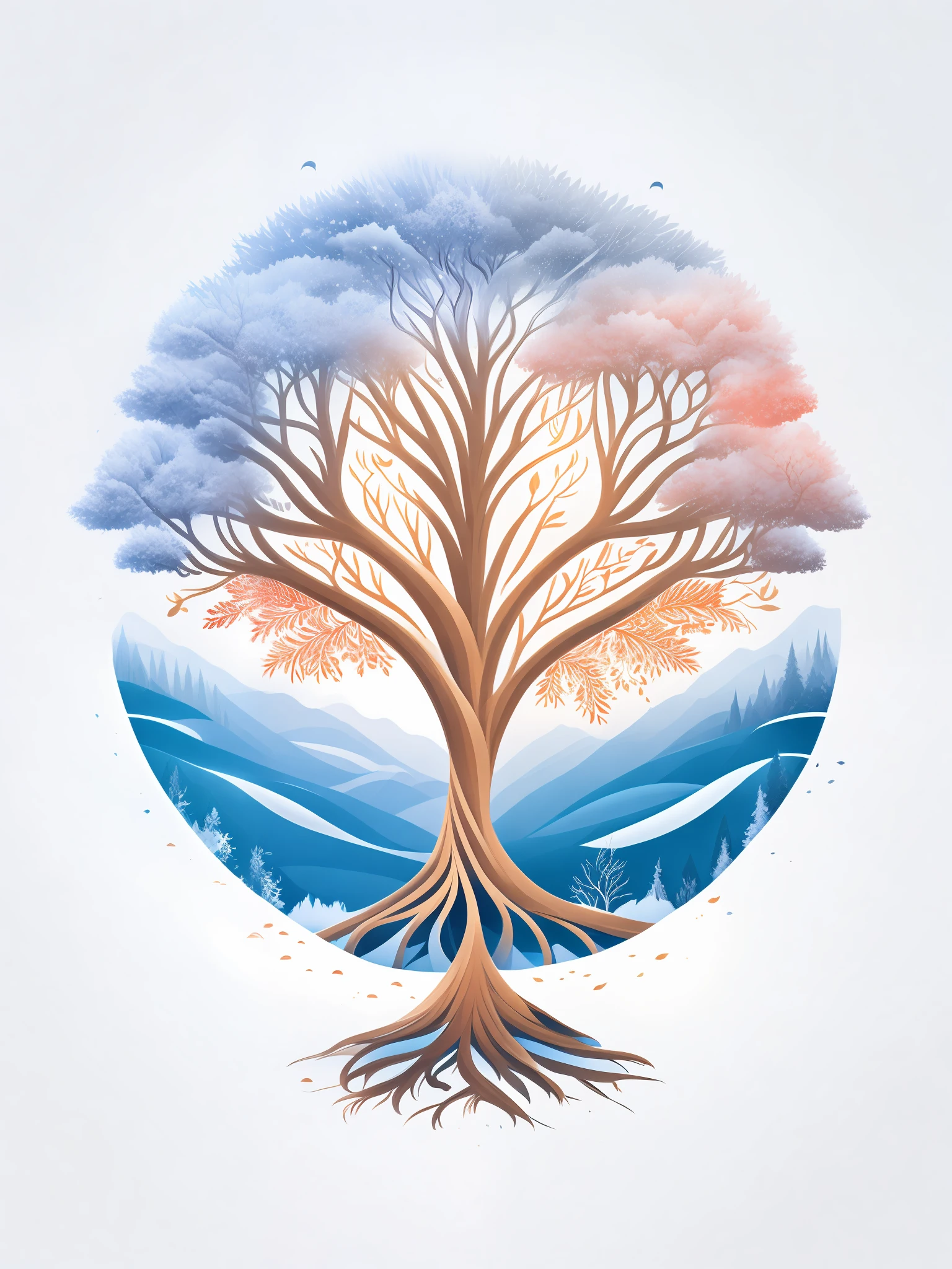 A tree of life, in a winter landscape, T-shirt design, rzminjourney, vector art, white background, centered