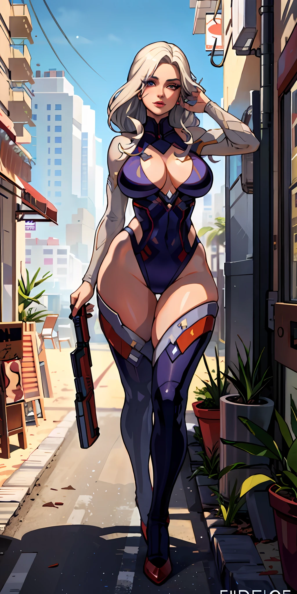 Beautiful woman colored white hair, , long , cyberpunk style realistic detailed, redhead,masterpiece, extreme quality, perfect eyes, perfect body, perfect face, cinematic light, digital drawing, neckline, large breastsonly, 2 legs only, two arms,perfect body, mature female, perfect and detailed hands, firing her gun, detailed beach background, thick eyelashes, makeup, eyeshadow, curvy, blonde