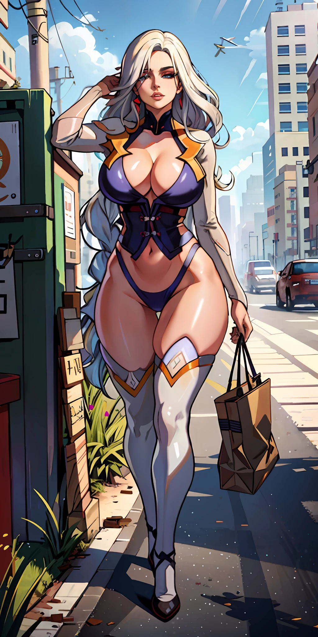 Beautiful woman colored white hair, , long breasts, cyberpunk style realistic detailed, redhead,masterpiece, extreme quality, perfect eyes, perfect body, perfect face, cinematic light, digital drawing, neckline, large breasts,1girl only, 2 legs only, two arms,perfect body, mature female, soft, perfect and detailed hands, firing her gun, detailed beach background, thick eyelashes, makeup, eyeshadow, curvy, blonde