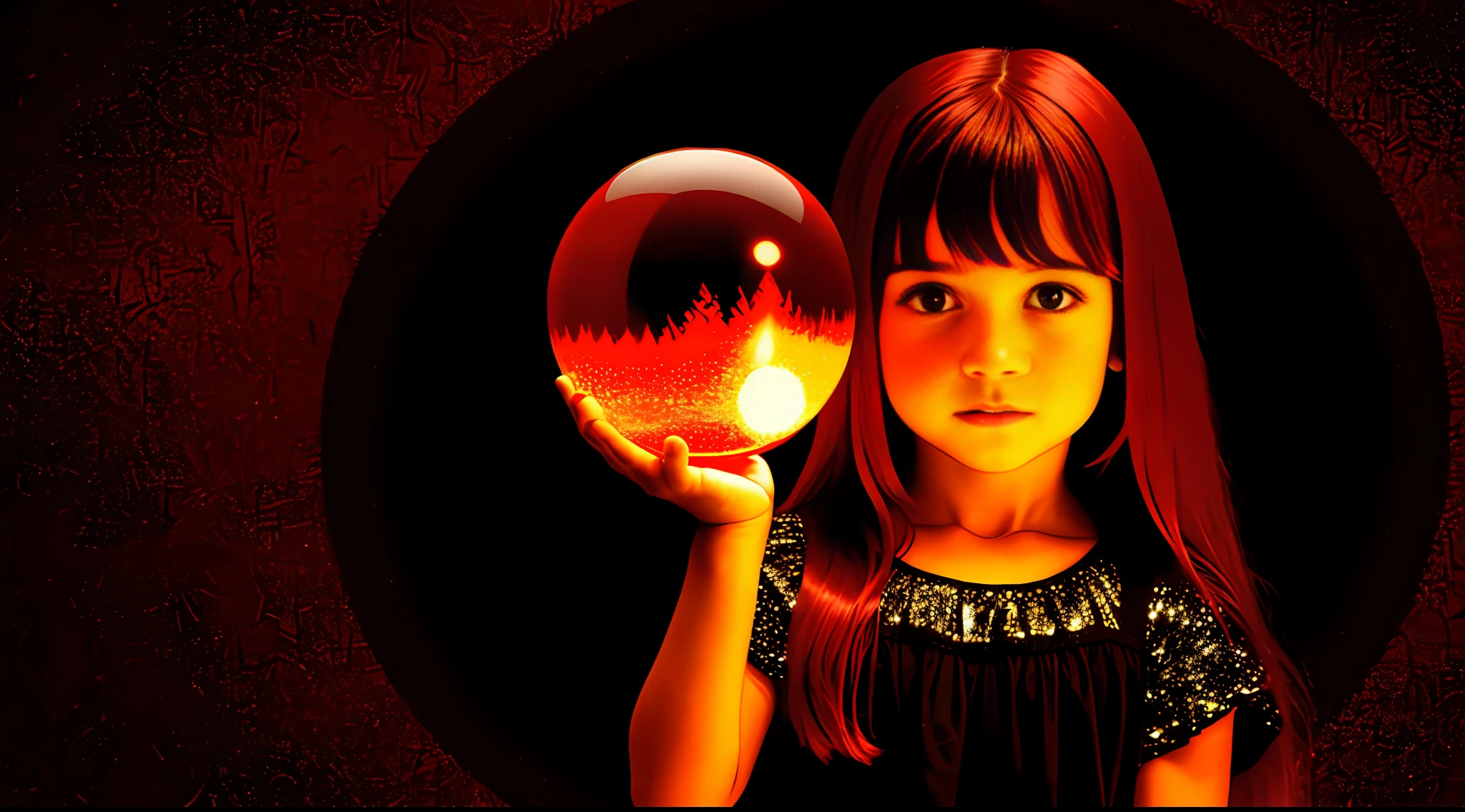  WITH STRAIGHT RED HAIR, BLACK BACKGROUND, a crystal ball in her hands.