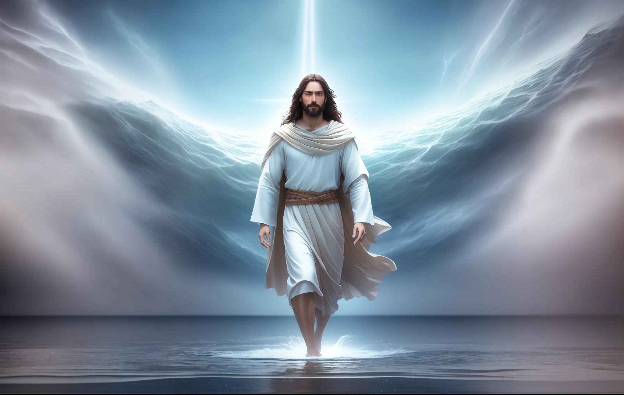 Jesus walking on water in a storm, gentle expression, streaks of light coming down from the sky, masterpiece, highest quality, high quality, highly detailed CG unit 8k wallpaper, award-winning photos, bokeh, depth of field, HDR, bloom, chromatic aberration, realistic, very detailed, trending at artstation, trending at CGsociety, complex, high detail, dramatic, mid-journey art, volumetric lighting