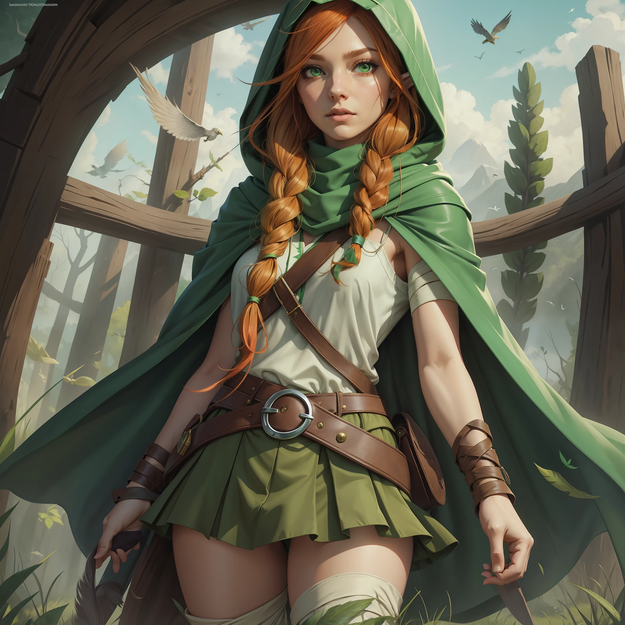 Grass, Sky, Field, League of Legends, 1girl, elf, druid, animal ears, bandage legs, long legs, bandage, bandage, bird legs, bird skull, cape, shut up, ears by headdress, eyes visible through hair, face drawings, feathers, hood, hooded cape, long hair, brown green eyes, Ginger, red hair, colorite hair, armor, blue scarf, scarf, scarf, scarf long hair, hooded scarf, green clothes, green skirt, long skirt, leather armor, nose ring, nostrils, backpack