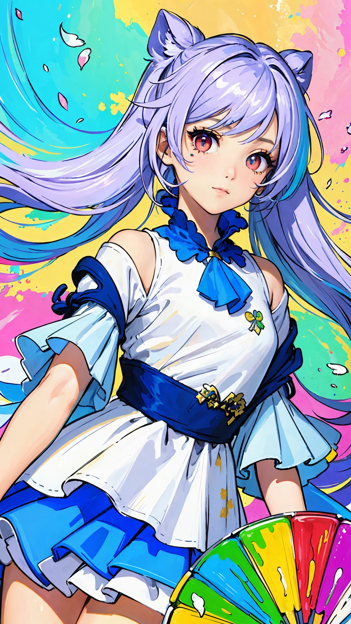 (Pink Fashion T-shirt:1.9),(Colorful hair: 1.8), (all the colours of the rainbow: 1.8),(((((vertical painting:1.6))), (painting:1.6),front, comics, illustrations, paintings, large eyes, crystal clear eyes,( rainbow color gradient high twintails:1.7), exquisite makeup, closed mouth,(Small Fresh: 1.5),(Wipe Chest: 1.6) ,long eyelashes, white off shoulder T-shirt, White Shoulder Shirt,looking at the audience, large watery eyes, (rainbow colored hair:1.6), color splash, (solo:1.8), color splash, color explosion, thick paint style, messy lines, ((shining)),(colorful), (colorful), (colorful), colorful, Thick Paint Style, (Splash) (Color Splash), Vertical Painting, Upper Body, Paint Splash, Acrylic Pigment, Gradient, Paint, Highest Image Quality, Highest Quality, Masterpiece, Solo, Depth of Field, Face Paint, colorful clothes, (Elegant: 1.2), gorgeous,long hair, wind, (Elegant: 1.3), (Petals: 1.4),(((masterpiece))),(((best quality))),((ultra-detailed)),(illustration),(dynamic angle),((floating)),(paint),((disheveled hair)),(solo),(1girl) , (((detailed anima face))),((beautiful detailed face)),collar,bare shoulders,white hair, ((colorful hair)),((streaked hair)),beautiful detailed eyes,(Gradient color eyes),(((colorful eyes))),(((colorful background))),(((high saturation))),(((surrounded by colorful splashes))), red eyes