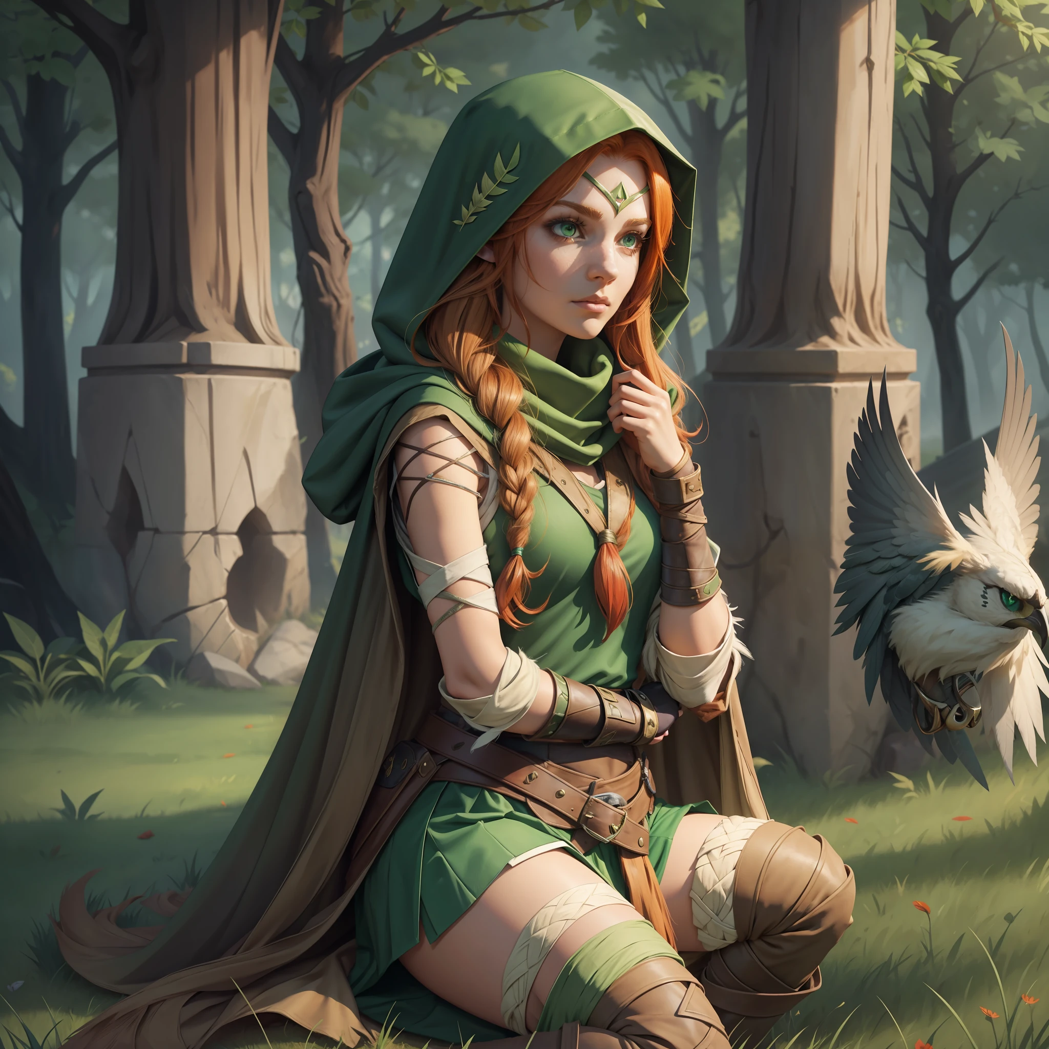 Grass, Sky, Field, League of Legends, 1girl, elf, druid, animal ears, bandage legs, long legs, bandage, bandage, bird legs, bird skull, cape, shut up, ears by headdress, eyes visible through hair, face drawings, feathers, hood, hooded cape, long hair, brown green eyes, Ginger, red hair, colorite hair, armor, blue scarf, scarf, scarf, scarf long hair, hooded scarf, green clothes, green skirt, long skirt, leather armor, nose ring, nostrils, backpack