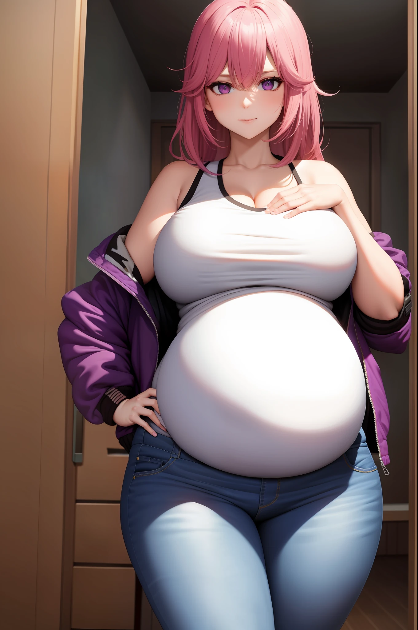 indoors, (pregnant:1.0), (hyperpregnant:1.2), detail, jeans, shorts, (upper body, ), purple eyes, pink hair, closed mouth, looking at viewer, pov, large breasts, jacket