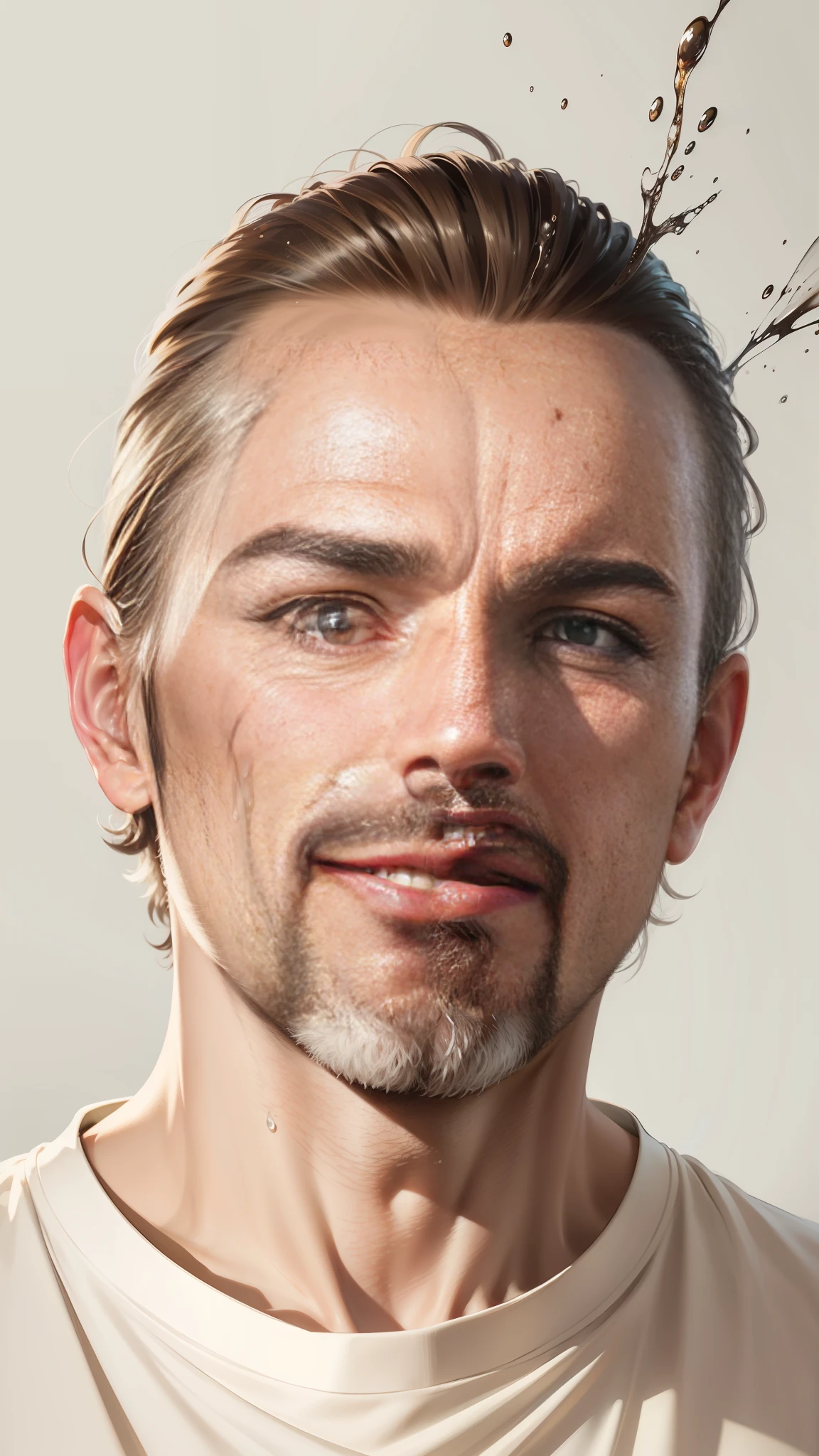 men of 40 yr old. The artwork should have photo-realistic, ultra-realistic, hyper-realistic, 3d avatar style vector, 3d full shot, standing pose, cosmic, outer space, highly detailed, highly detailed symmetric beautiful hazel eyes, highly detailed gorgeous face, dynamic pose, ethereal, mystical, in style of artists like Russ Mills, Darek Zabrocki, Ivan laliashvili, Jean-Baptiste Monge. Ink Dropped in water, splatter drippings, paper texture, pulp Manga, and perfect shading, with dramatic lighting. The artwork should be centered, stylized, and elaborate. rendered in 8K resolution for high-quality detail, artstation, concept art, smooth, sharp focus, illustration, highly detailed, soft natural volumetric cinematic perfect light, intricate artwork masterpiece