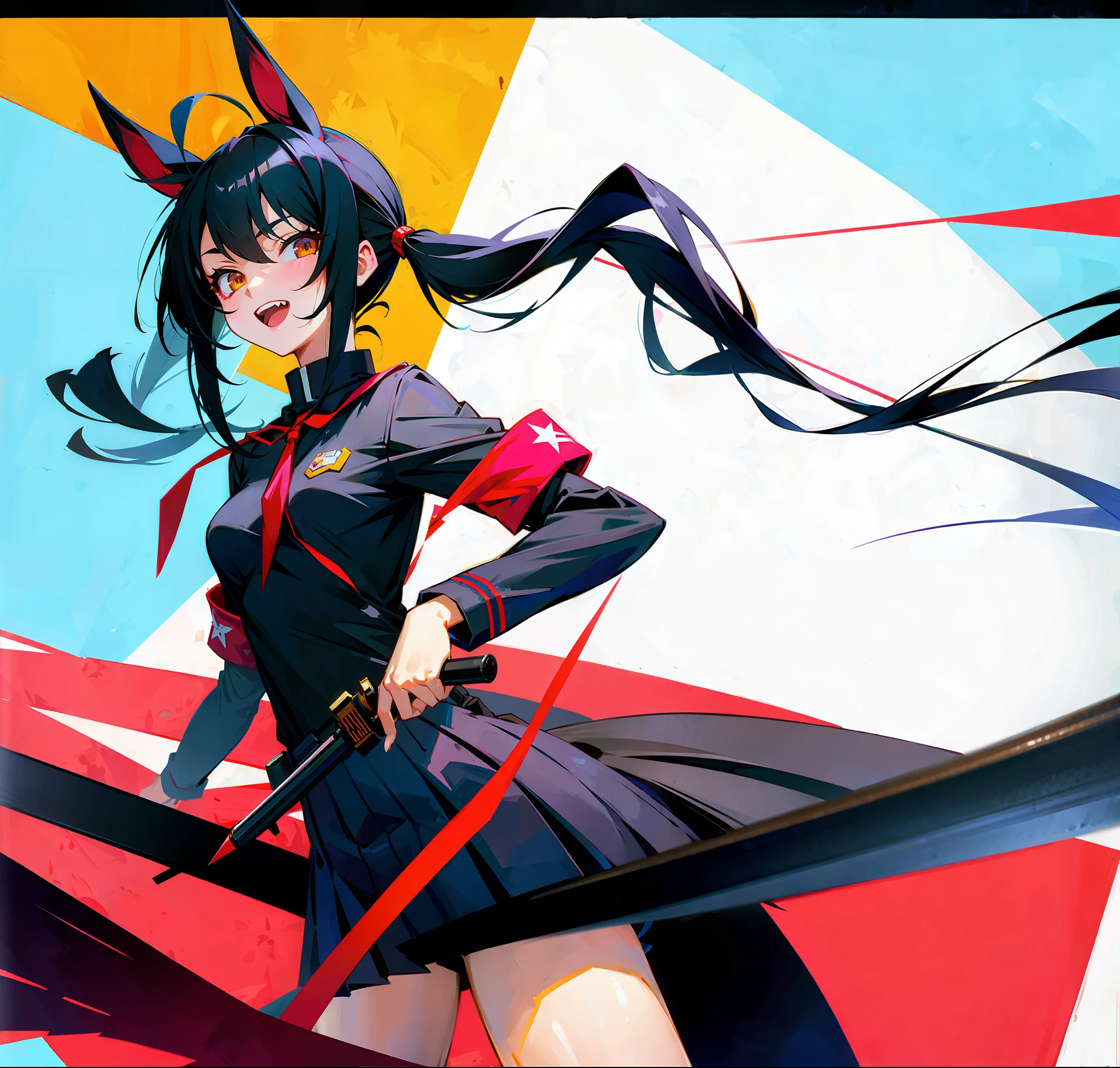 About 17 years old, long black hair, high school girl gun. Twin tails, double teeth, ahoge, knife, uniform, horse ears, small breasts