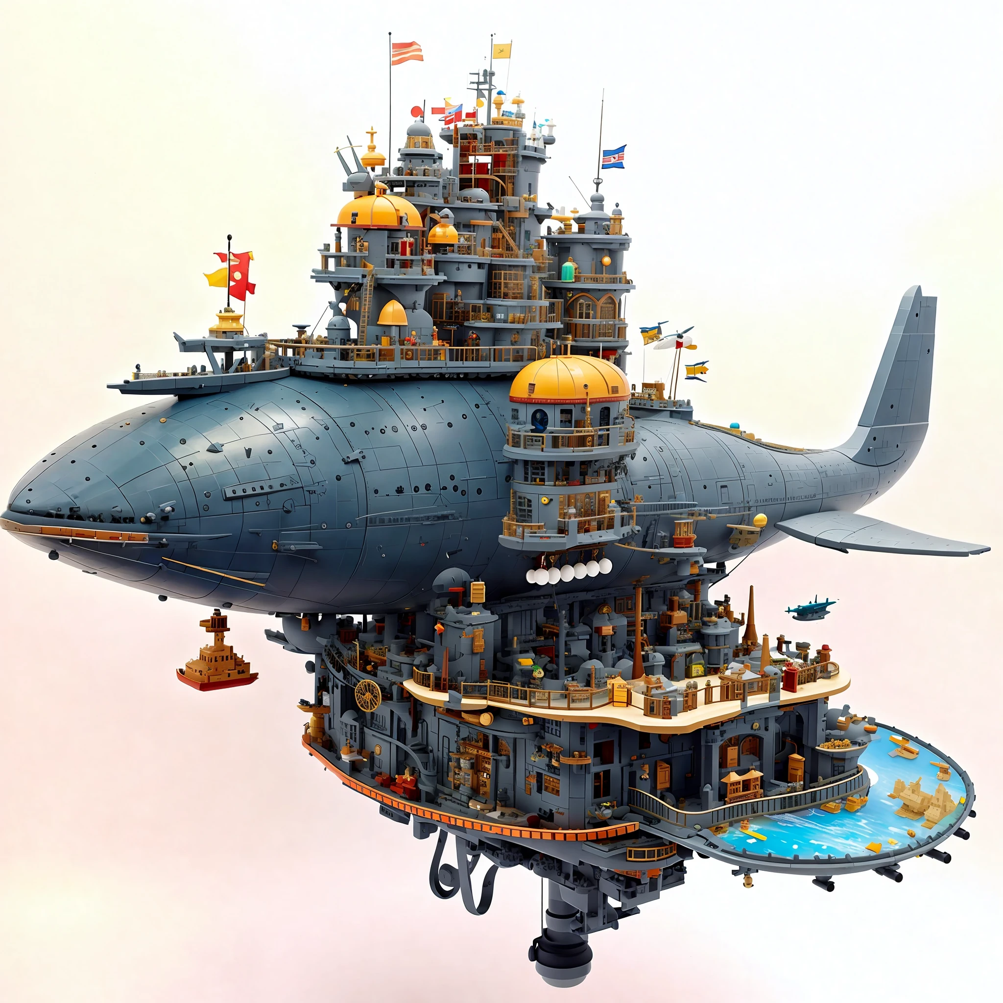 There's a toy submarine with a ship and a submarine on it, very, very detailed, very, very detailed toys, incredibly high level of detail, very high detail, very high detail, steampunk zeppelin, detailed spaceship, giant submarine, steampunk submarine! , steampunk airship, super very, very very detailed, very, very detailed, very detailed, airship in steampunk, is the main body of whales airship, with a castle on its back, island whales, with building block elements