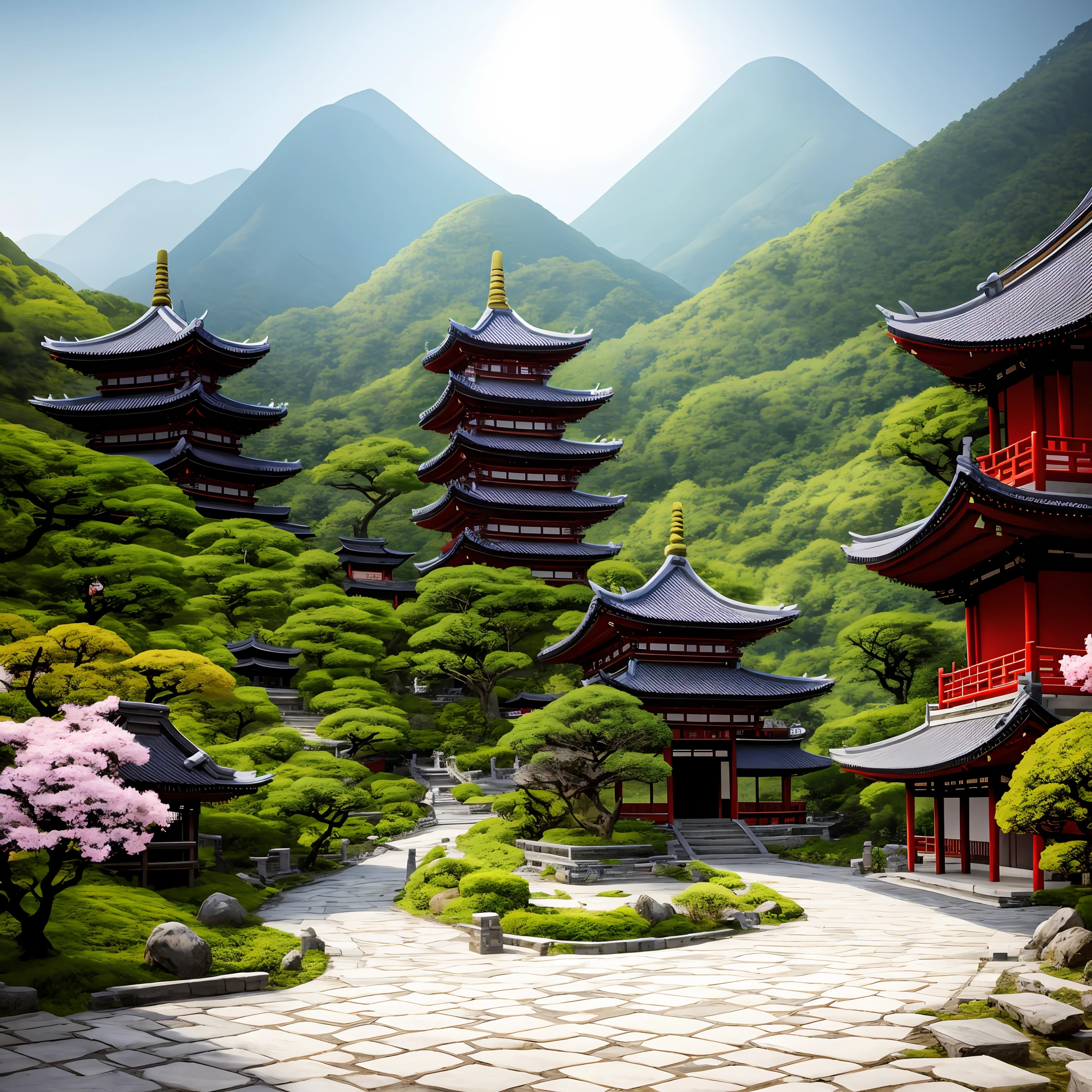 there is a stone path that leads to a building with a mountain in the background, dreamy chinese town, 3d rendered matte painting, photorealistic matte painting, digital painting of a pagoda, highly detailed matte painting, dreamy matte painting, japanese village, zen temple background, beautiful mattepainting, high quality matte painting, kyoto inspired, matte painting with high detail