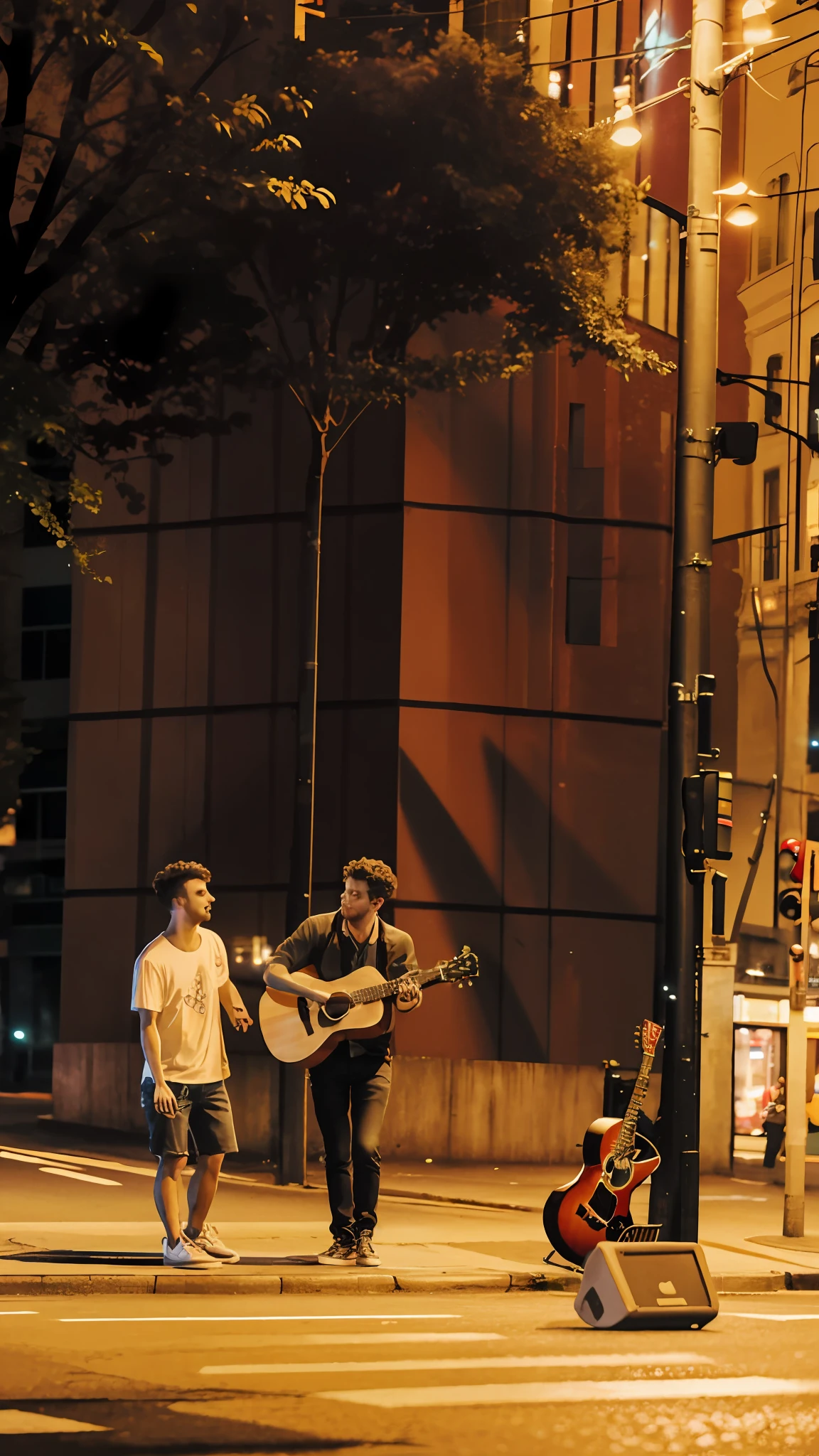 There are two people playing guitar on the street, guitarist, playing guitar, on the street, beautiful scene, musicians, set in the evening, band playing, candid shooting, in the city, filming at night, playing guitar on stage, in São Paulo, on the street, night scene, against the background of trees, private moments, music being played, one comforting the other, putting his hand on his shoulder