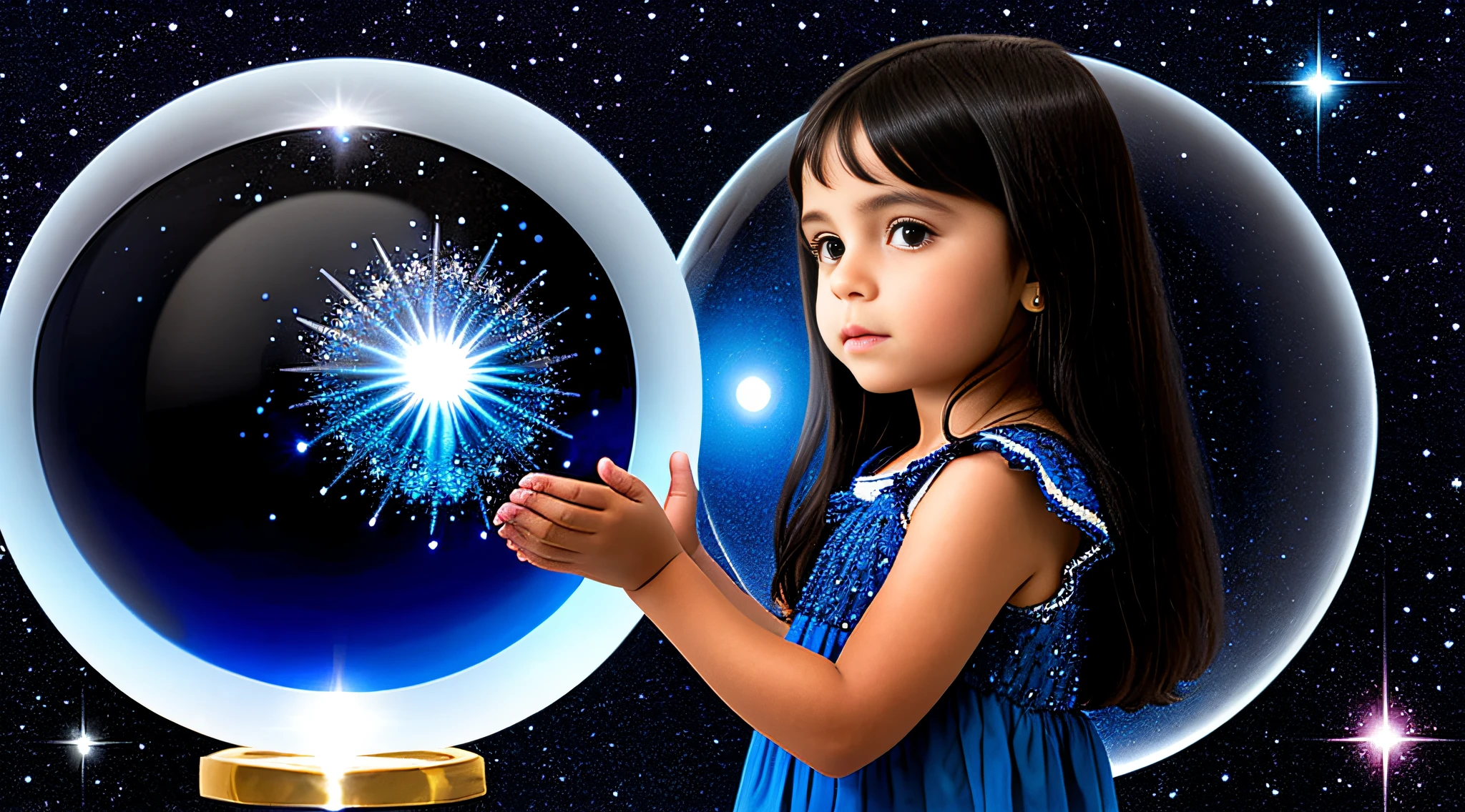  WITH STRAIGHT DARK HAIR, peroil blue BACKGROUND, a crystal ball in her hands.