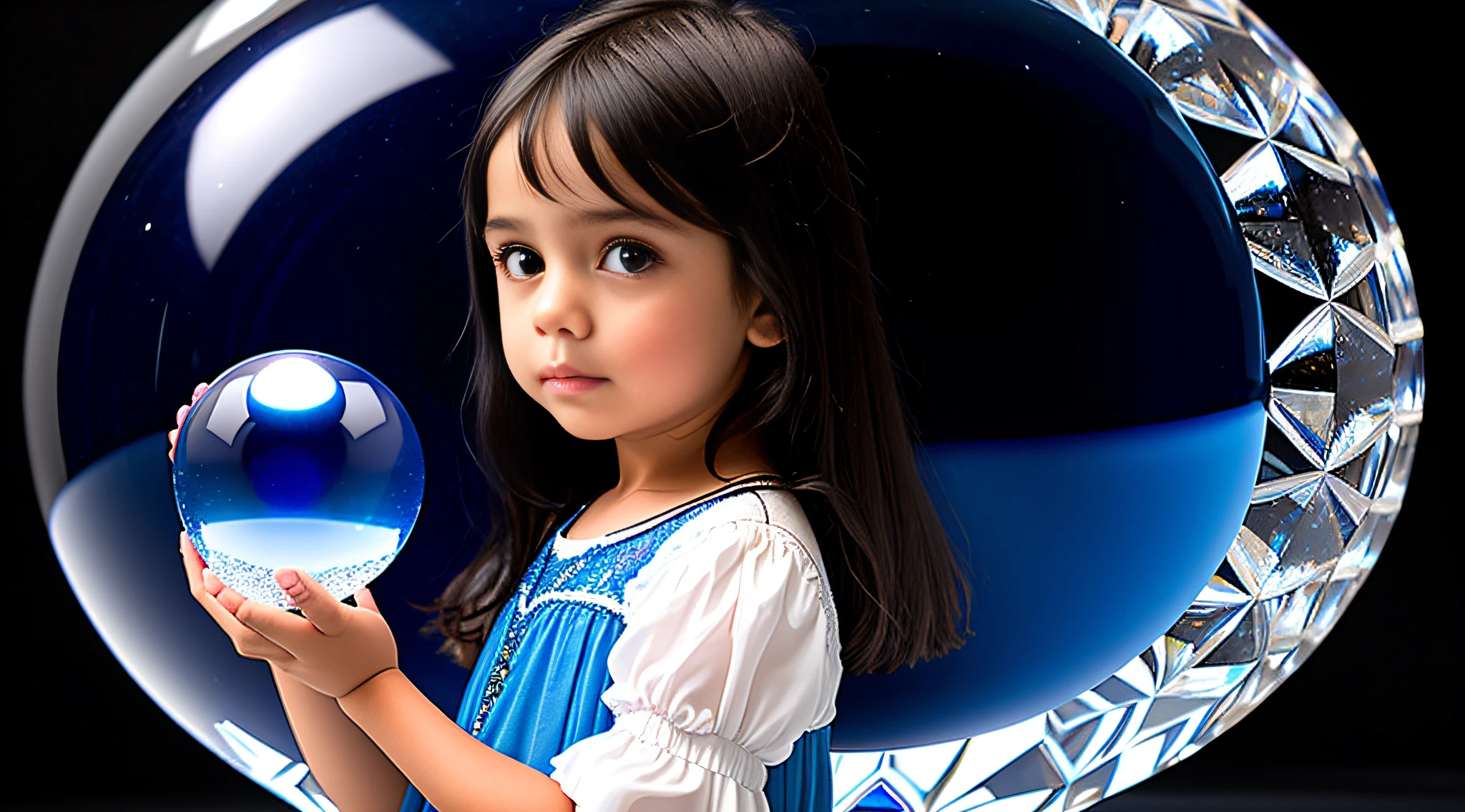  WITH STRAIGHT DARK HAIR, peroil blue BACKGROUND, a crystal ball in her hands.