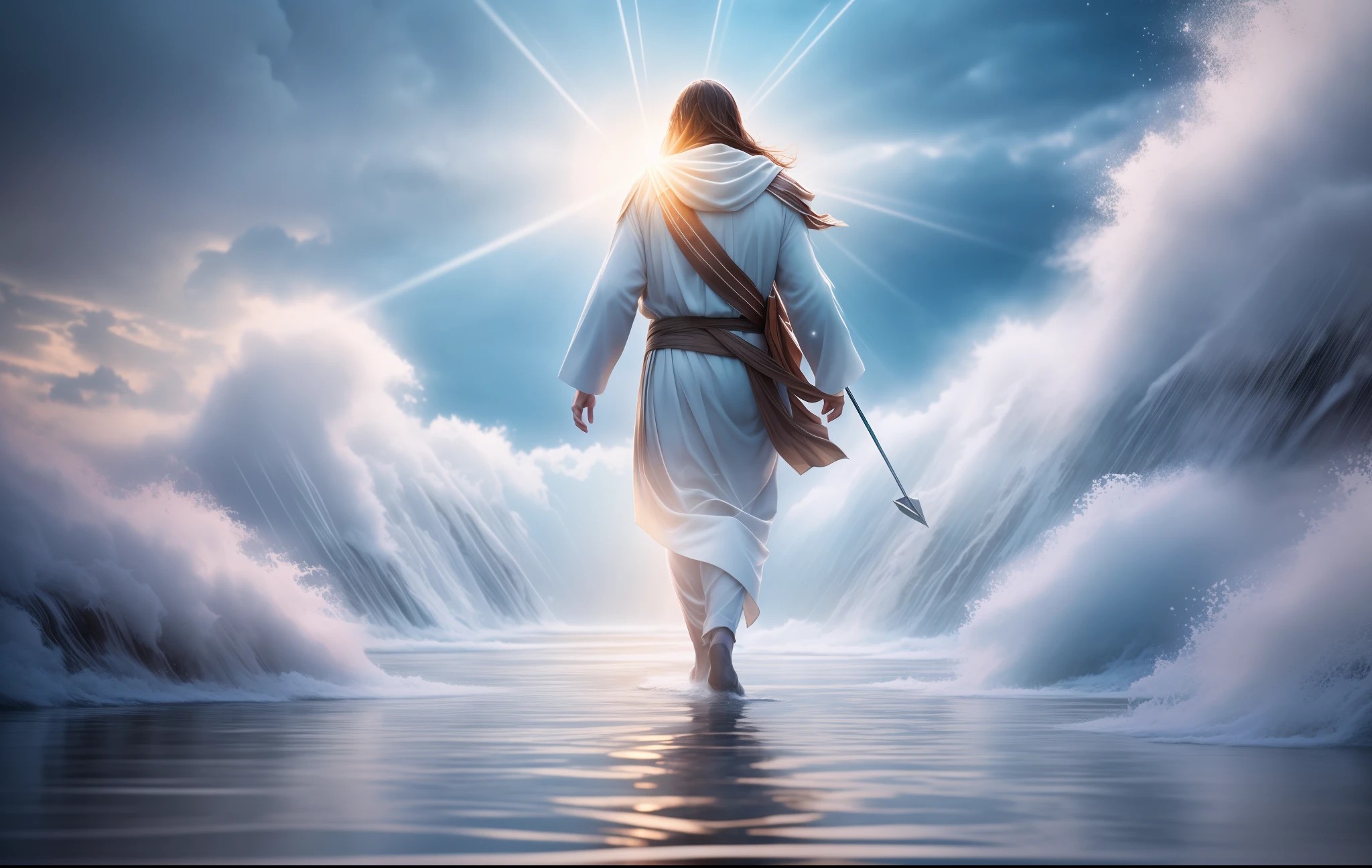 Jesus walking on water in a storm, gentle expression, streaks of light coming down from the sky, masterpiece, highest quality, high quality, highly detailed CG unit 8k wallpaper, award-winning photos, bokeh, depth of field, HDR, bloom, chromatic aberration, realistic, very detailed, trending at artstation, trending at CGsociety, complex, high detail, dramatic, mid-journey art, volumetric lighting