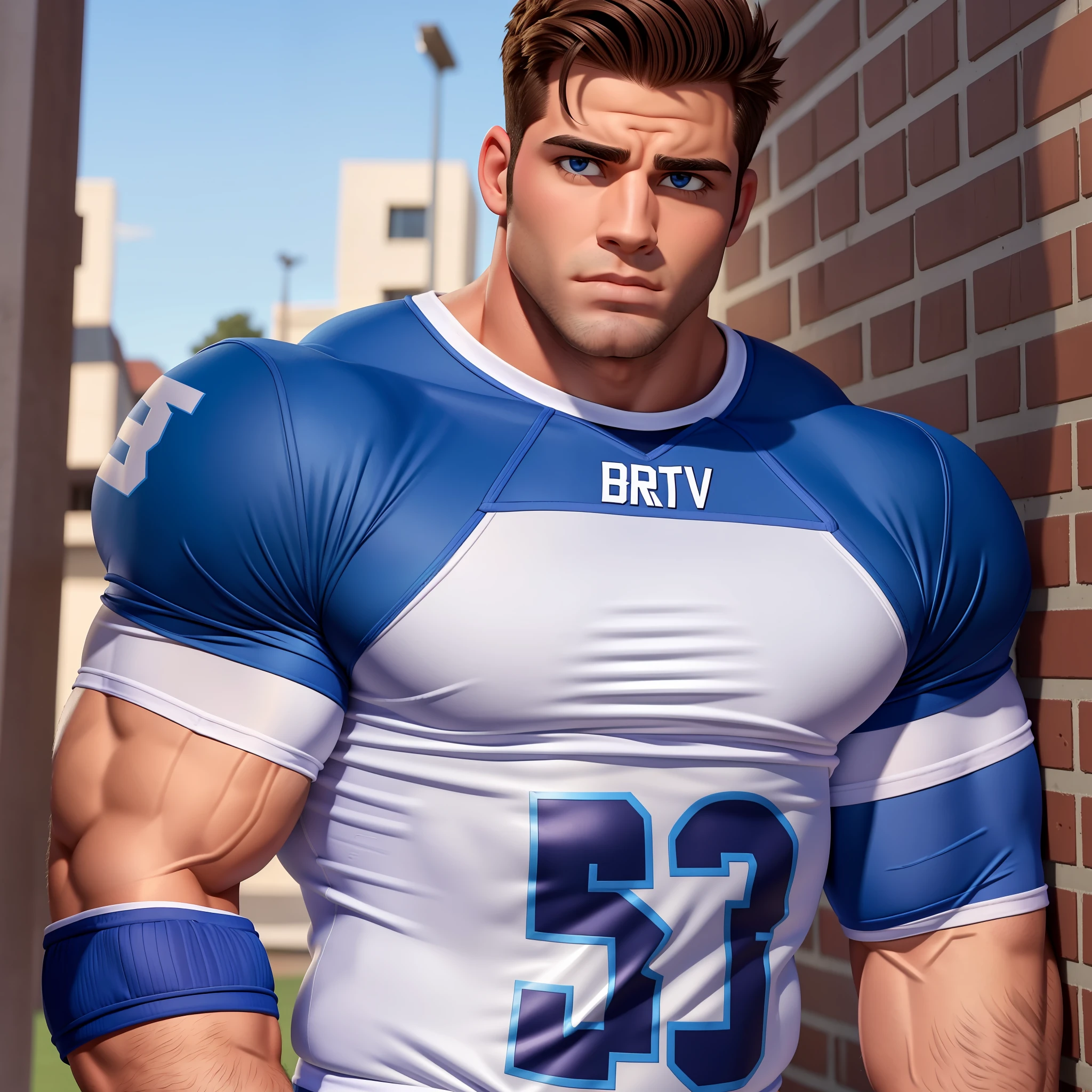 ((Bara)) Muscled slightly arrogant North Carolina college frat jock bully teasing in his skimpy football gear, compact, tidy small and realistic bulge. He looks like David Charvet and Cody Calafiore crossed with Tony Dow (pouty lips); crop top