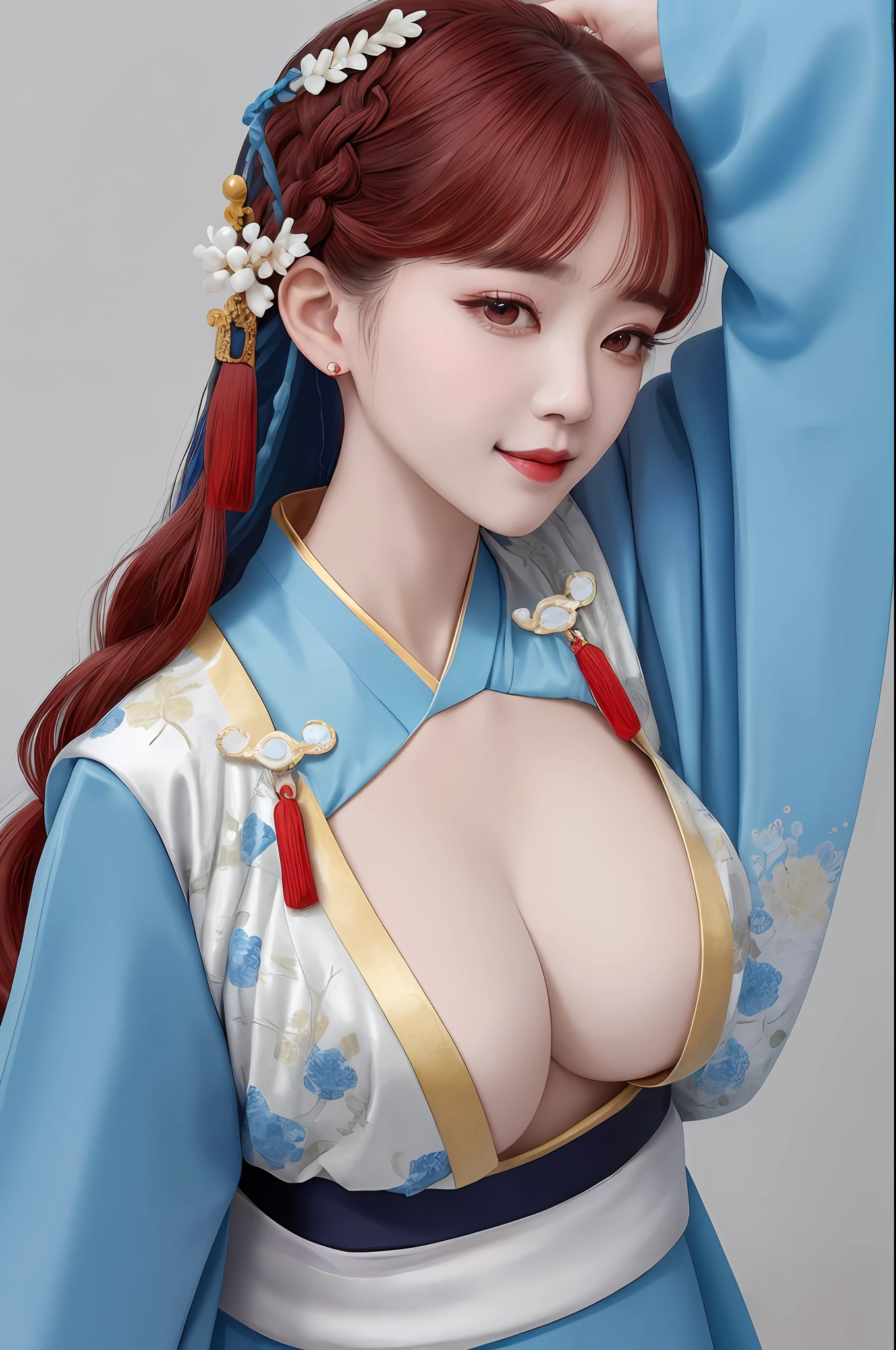((wide shot)),(full body),(bend over), 

((wide shot)),(full body), 1girl, [(blue ru_qun:1.4):(hanfu:1.4):0.2],perfect natural breasts(big breasts under wearing),(kpop idol:0.2),pearl skin,real human skin, black choker, red hair ornament,white detailed clothes, (blue obi:1.4), 

(extremly berutiful detailed face), happy mood, detailed eyes, thick eyebrows, red eyeshadow,shiny eyes, looking at viewer,smile,(smooth chin:0.85), long hair, blunt bangs, braid, golden hair ornament,