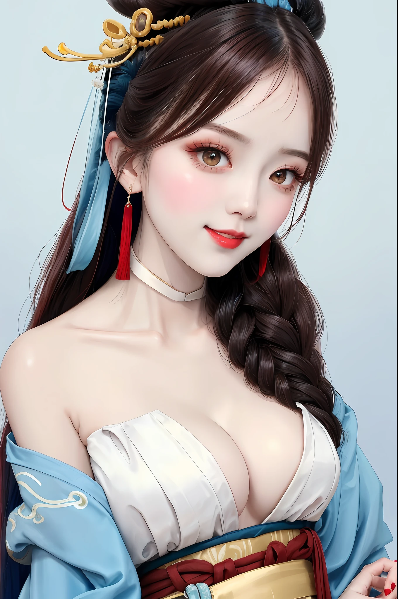 ((wide shot)),(full body),(bend over), (bare shoulders),
((wide shot)),(full body), 1girl, [(blue ru_qun:1.4):(hanfu:1.4):0.2],perfect natural breasts(big breasts under wearing),(kpop idol:0.2),pearl skin,real human skin, black choker, red hair ornament, white detailed clothes, (blue obi:1.4), 
(extremly berutiful detailed face), happy mood, detailed eyes, thick eyebrows, red eyeshadow, shiny eyes, looking at viewer, smile,(smooth chin:0.85), long hair, blunt bangs, braid, golden hair ornament,