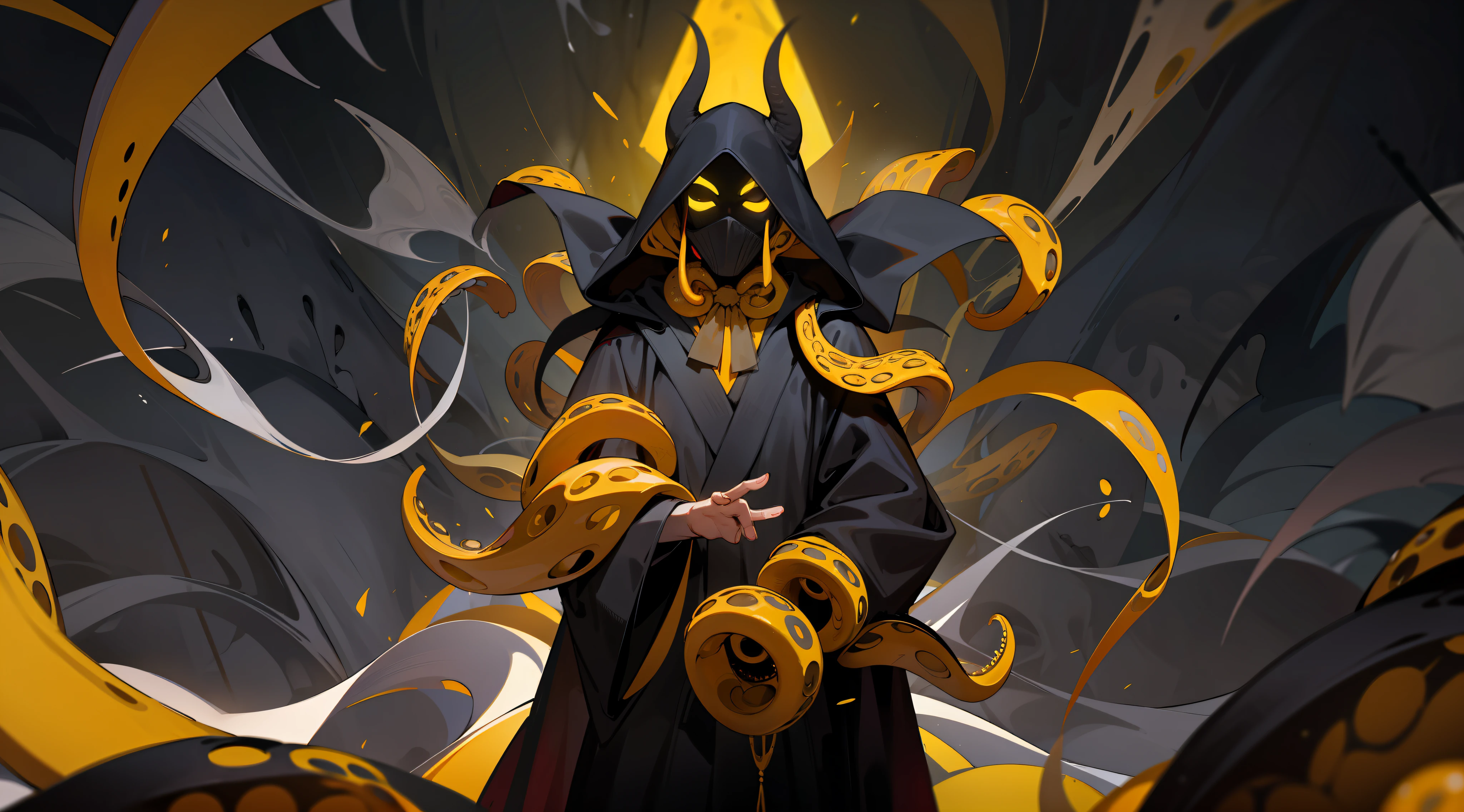 black robes, dark yellow cultist mask, dark aura, yellow shadowy smoke, horror ambient, surrounded by dark yellow tentacles, gore, horror, bloody, ritualistic, mystic, monstrous