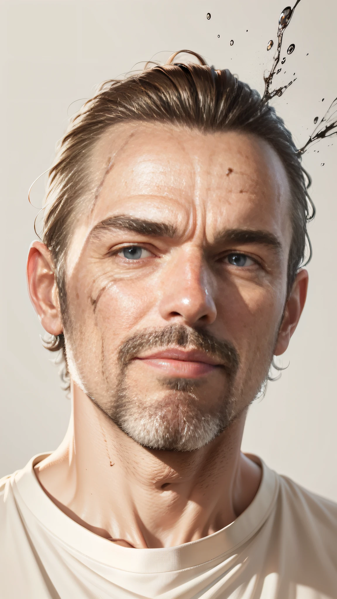 men of 40 yr old. The artwork should have photo-realistic, ultra-realistic, hyper-realistic, 3d avatar style vector, 3d full shot, standing pose, cosmic, outer space, highly detailed, highly detailed symmetric beautiful hazel eyes, highly detailed gorgeous face, dynamic pose, ethereal, mystical, in style of artists like Russ Mills, Darek Zabrocki, Ivan laliashvili, Jean-Baptiste Monge. Ink Dropped in water, splatter drippings, paper texture, pulp Manga, and perfect shading, with dramatic lighting. The artwork should be centered, stylized, and elaborate. rendered in 8K resolution for high-quality detail, artstation, concept art, smooth, sharp focus, illustration, highly detailed, soft natural volumetric cinematic perfect light, intricate artwork masterpiece