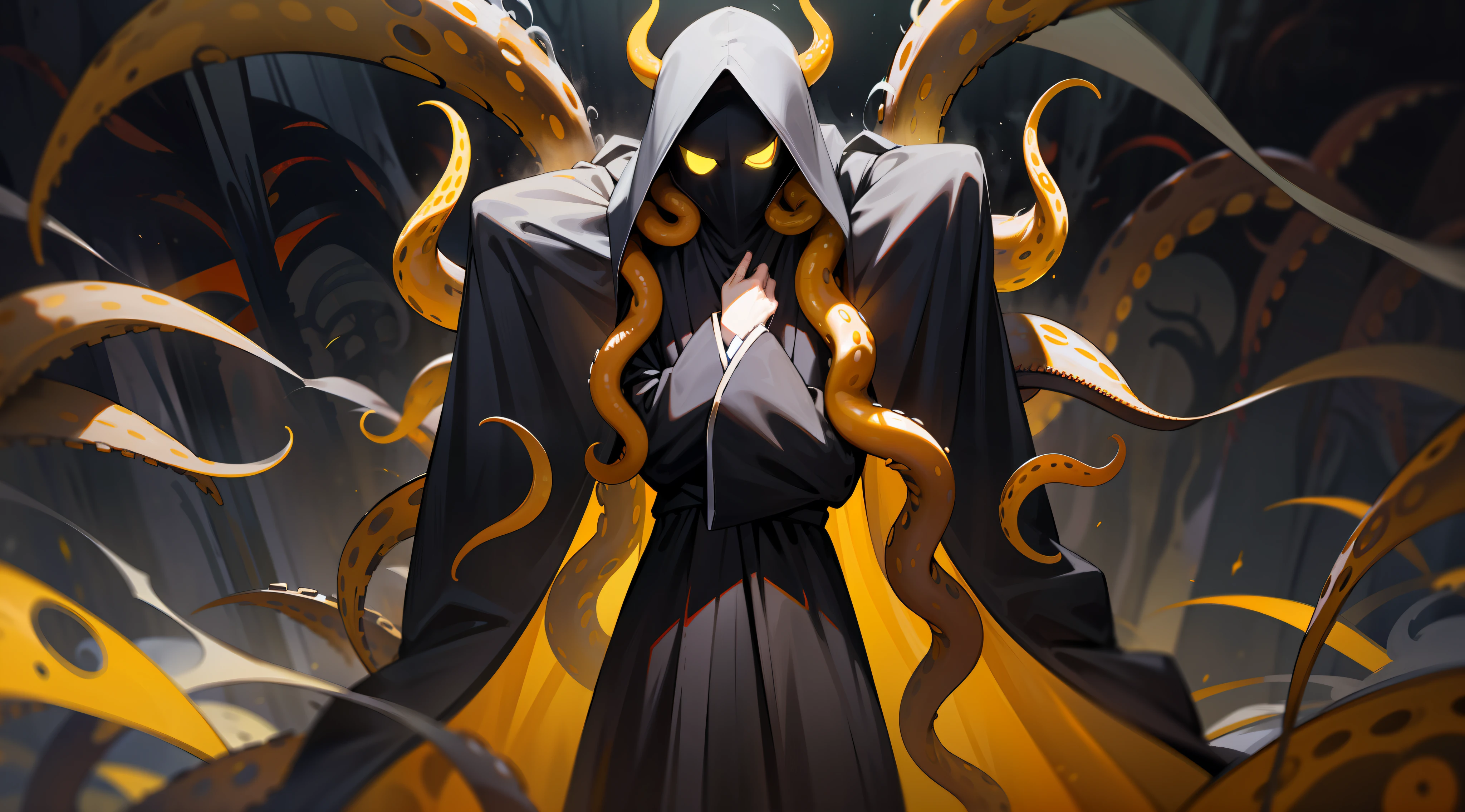 black robes, dark yellow cultist mask, dark aura, yellow shadowy smoke, horror ambient, surrounded by dark yellow tentacles, gore, horror, bloody, ritualistic, mystic, monstrous