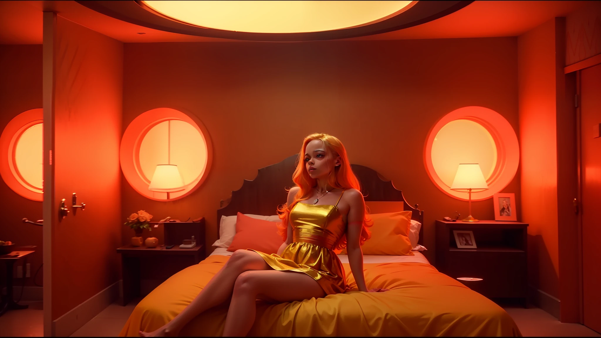 blond woman sitting on a bed in a room with three round windows, style of suspiria and neon demon, orange: 0.5, 2 0 1 5 live music video, tessa thompson, flares anamorphic, 1960s-era, elevator, still from riverdale, filmstill, golden dress, bed --auto --s2