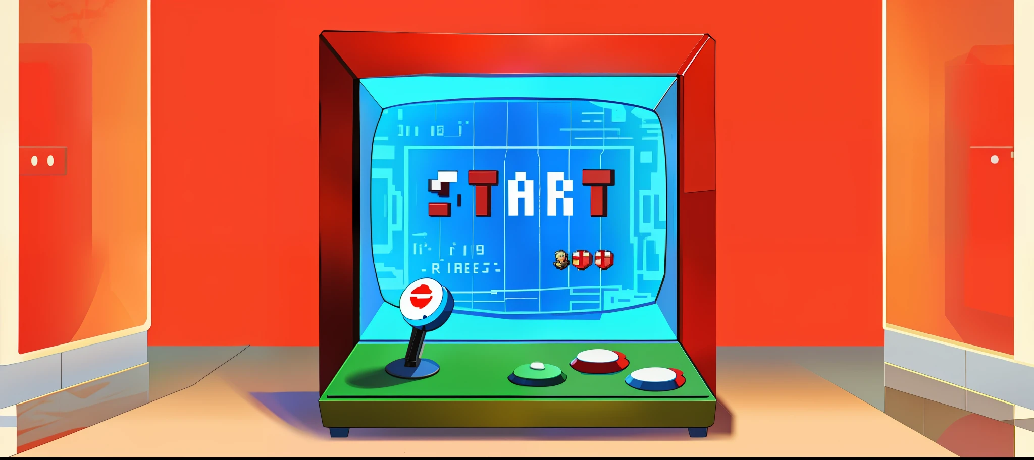 a close up of a video game with a red screen, retro game 1 9 8 0 style, retro game, game screen, computer game art, arcade machine, arcade game, lo-fi retro videogame, computer game, game interface, video game item, test screen, side scroller game, video game screenshot, retro games, video game, digital pong screen