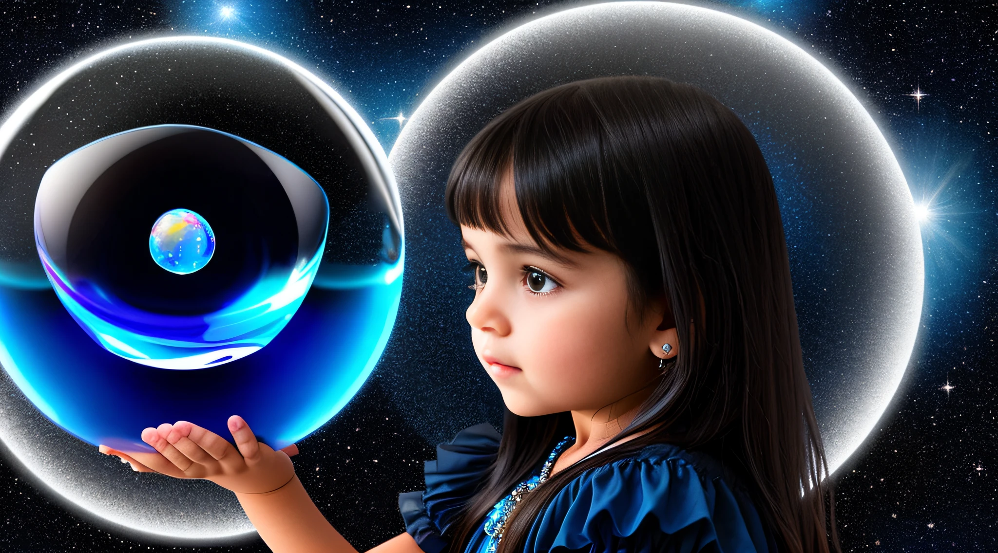 Child girl WITH SMOOTH DARK HAIR, petroleum blue BACKGROUND, a crystal ball in her hands.