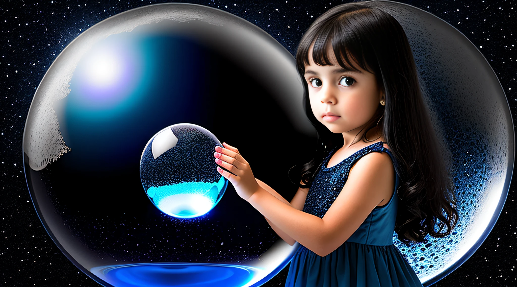  WITH SMOOTH DARK HAIR, petroleum blue BACKGROUND, a crystal ball in her hands.