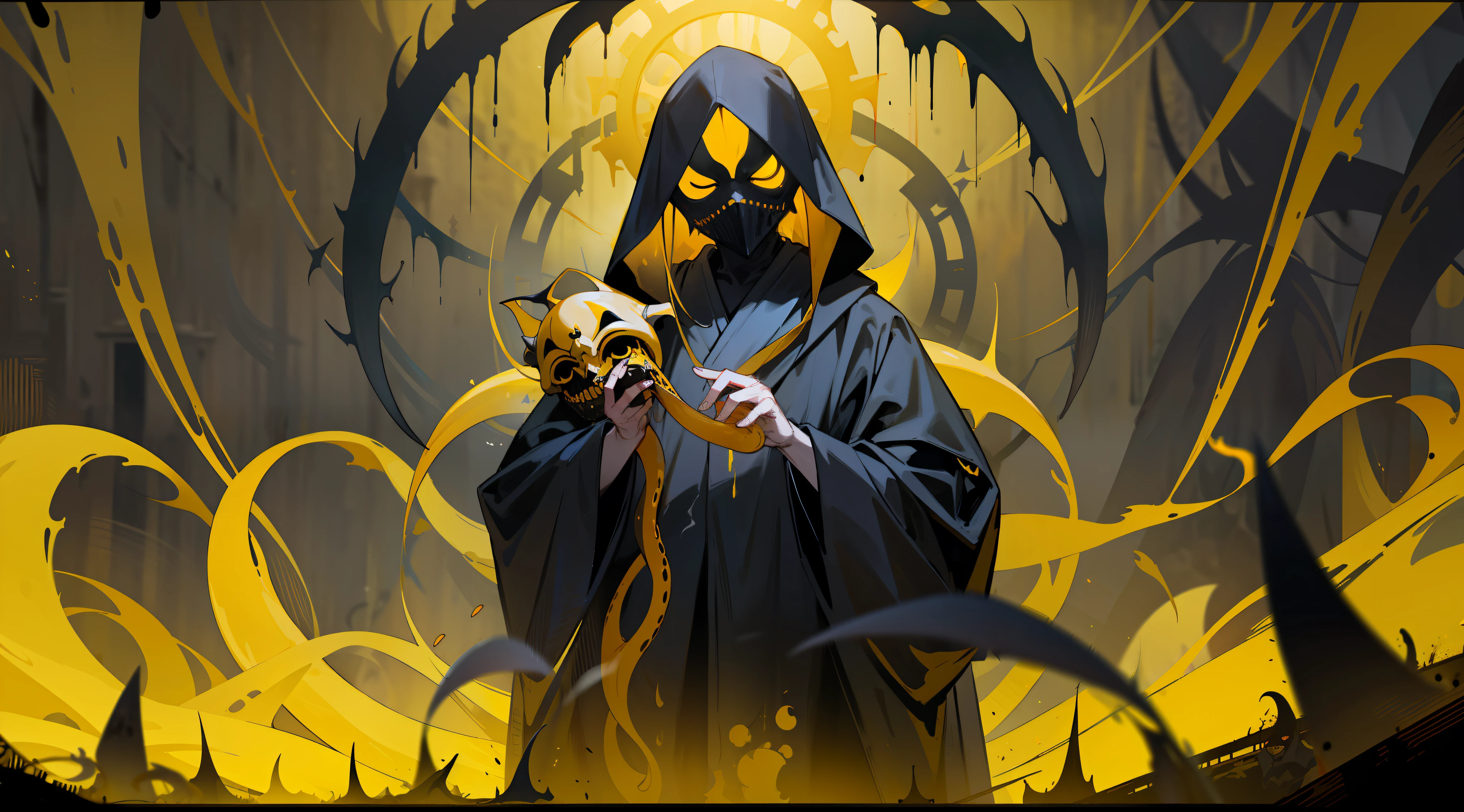 a black robe cultist, yellow horror cultist mask, surrounded by dark aura, yellow shadowy smoke, dark yellow tentacles, gore, horror, creepy, bloody, terror, dark ambient