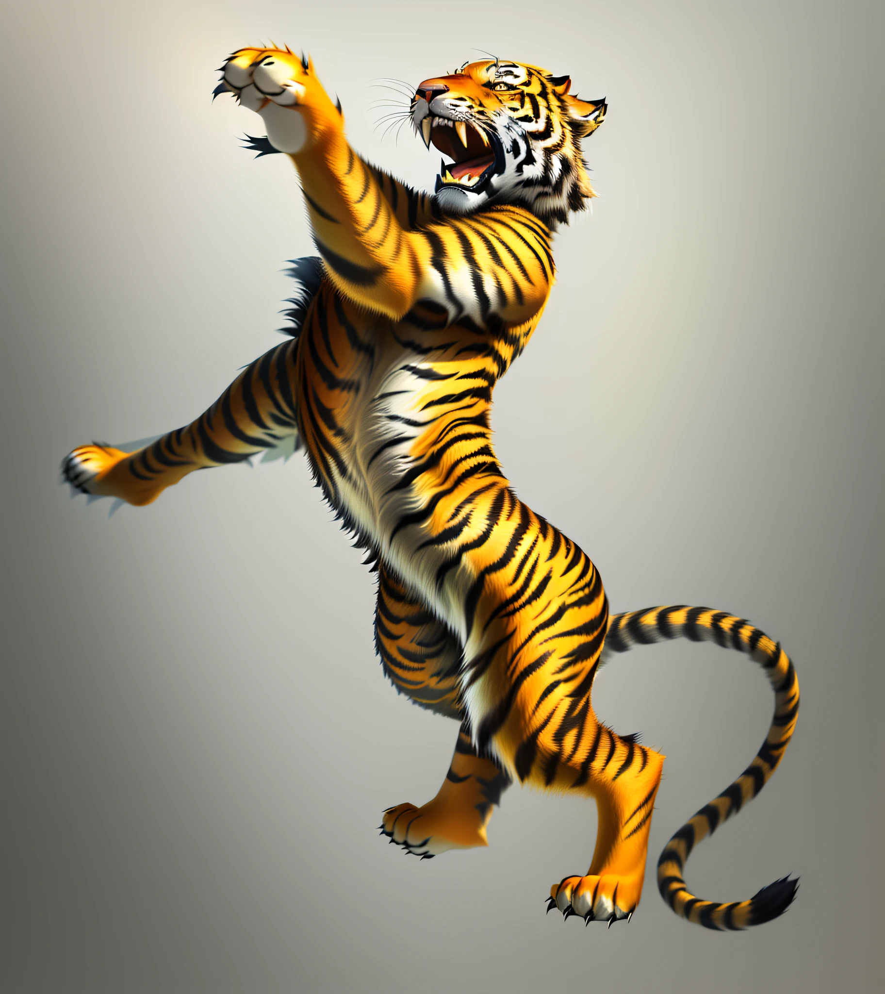 tiger jumping in the air with its paws out, anthropomorphic tiger, tiger, predominant orange and yellow color, a tiger, tiger_beast, tigers, ((tiger)), half tiger, digital rendering, Asian tiger, sharp claws, by Ivan Mrkvička, by Jakob Gauermann, realistic illustration, Bengal tiger, adult Asian tiger,