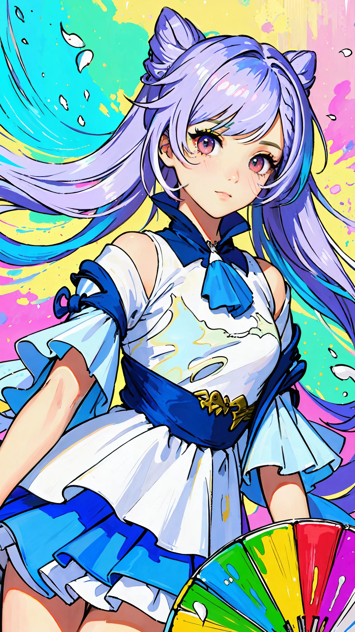 (Pink Fashion T-shirt:1.9),(Colorful hair: 1.8), (all the colours of the rainbow: 1.8),(((((vertical painting:1.6))), (painting:1.6),front, comics, illustrations, paintings, large eyes, crystal clear eyes,( rainbow color gradient high twintails:1.7), exquisite makeup, closed mouth,(Small Fresh: 1.5),(Wipe Chest: 1.6) ,long eyelashes, white off shoulder T-shirt, White Shoulder Shirt,looking at the audience, large watery eyes, (rainbow colored hair:1.6), color splash, (solo:1.8), color splash, color explosion, thick paint style, messy lines, ((shining)),(colorful), (colorful), (colorful), colorful, Thick Paint Style, (Splash) (Color Splash), Vertical Painting, Upper Body, Paint Splash, Acrylic Pigment, Gradient, Paint, Highest Image Quality, Highest Quality, Masterpiece, Solo, Depth of Field, Face Paint, colorful clothes, (Elegant: 1.2), gorgeous,long hair, wind, (Elegant: 1.3), (Petals: 1.4),(((masterpiece))),(((best quality))),((ultra-detailed)),(illustration),(dynamic angle),((floating)),(paint),((disheveled hair)),(solo),(1girl) , (((detailed anima face))),((beautiful detailed face)),collar,bare shoulders,white hair, ((colorful hair)),((streaked hair)),beautiful detailed eyes,(Gradient color eyes),(((colorful eyes))),(((colorful background))),(((high saturation))),(((surrounded by colorful splashes))), red eyes