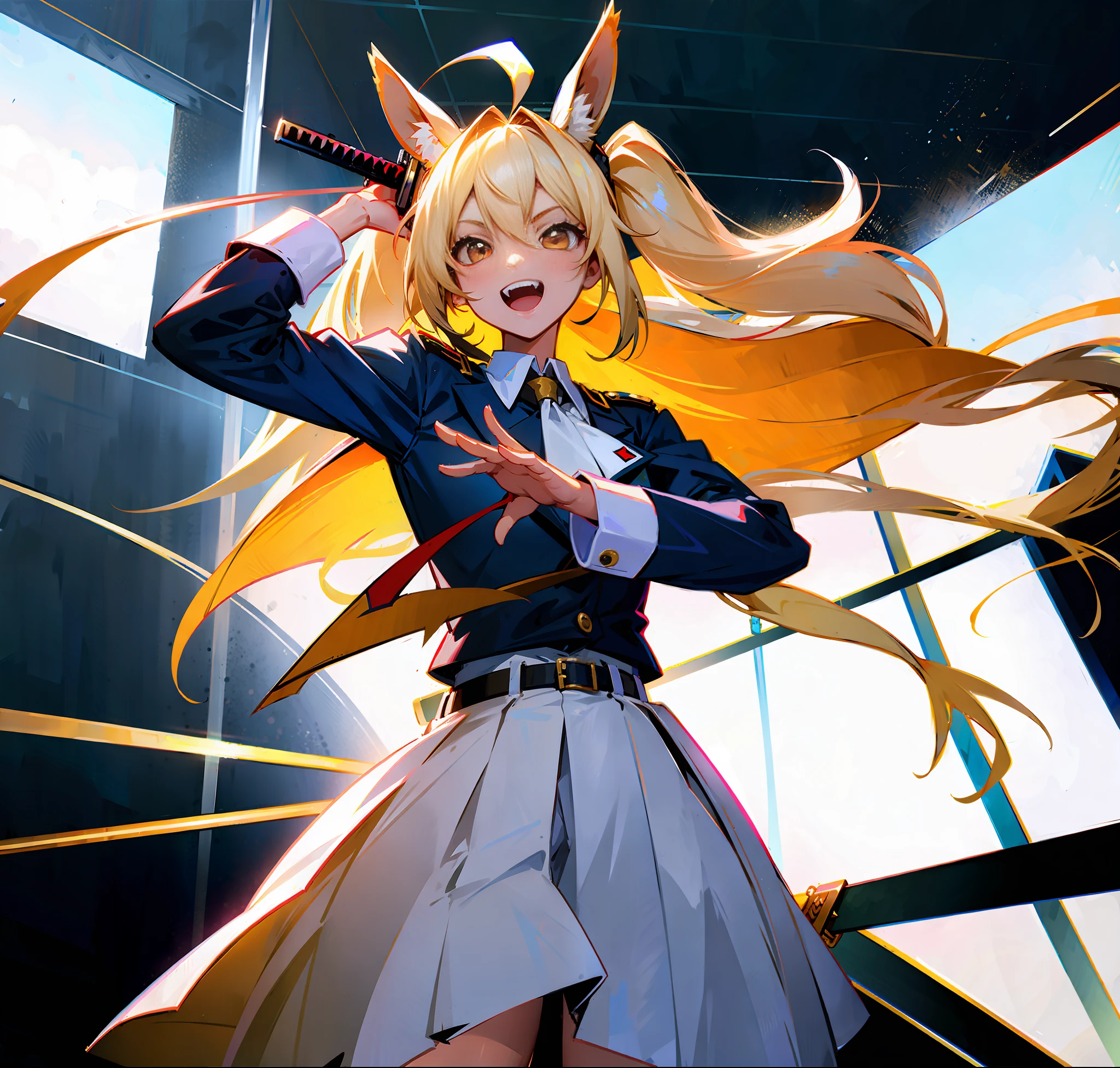 About Blonde long high school girl Rifle, twin tails, double teeth, ahoge, knife, uniform, horse ears, sword, sword, room