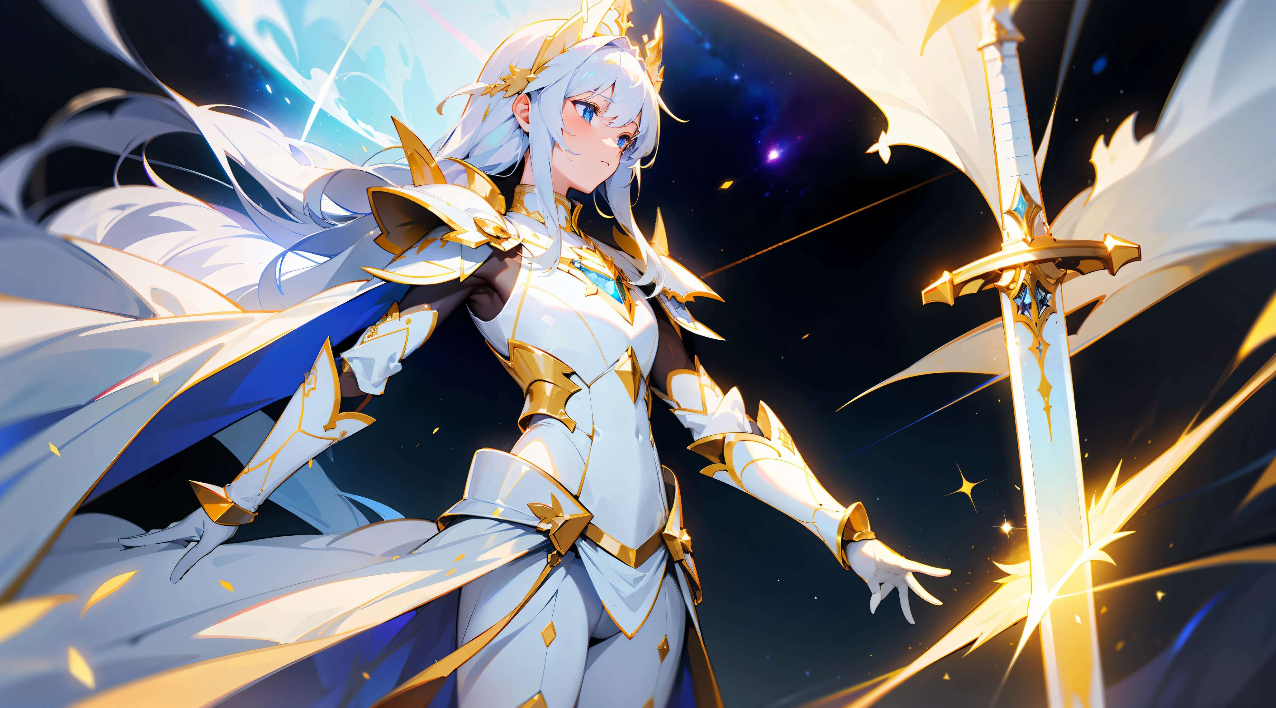 detailed white shining armor, detailed white helmet, detailed large white sword, mystic golden jewels in the armor, cosmic white hole background, white aura, white neon lights