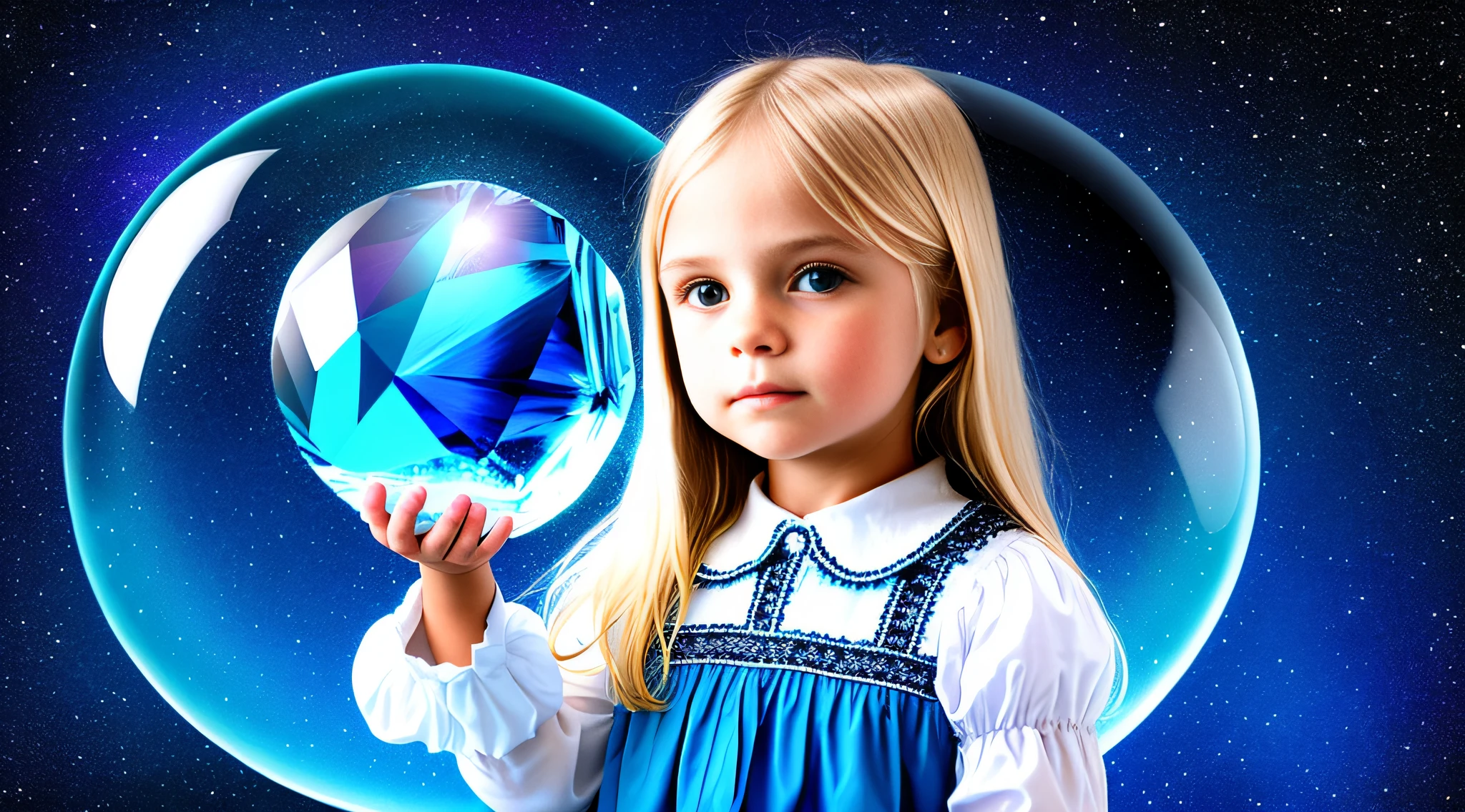 WITH STRAIGHT BLONDE HAIR, PETROLEUM BLUE BACKGROUND, a crystal ball in her hands.