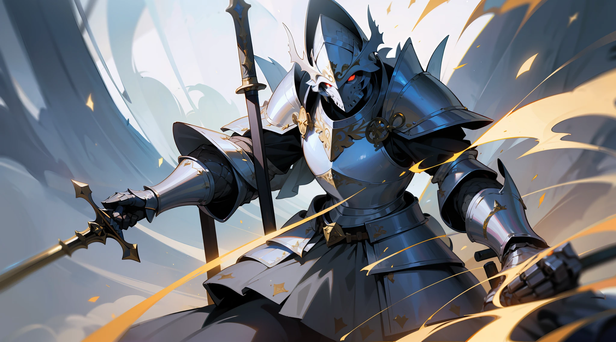 a mad angry medieval white knight, detailed armor, full gauntlets, detailed helmet, detailed large white sword, mystic golden jewels in the armor, cosmic white hole background, horror, mist, shadowy smoke, dark ambient, dark aura