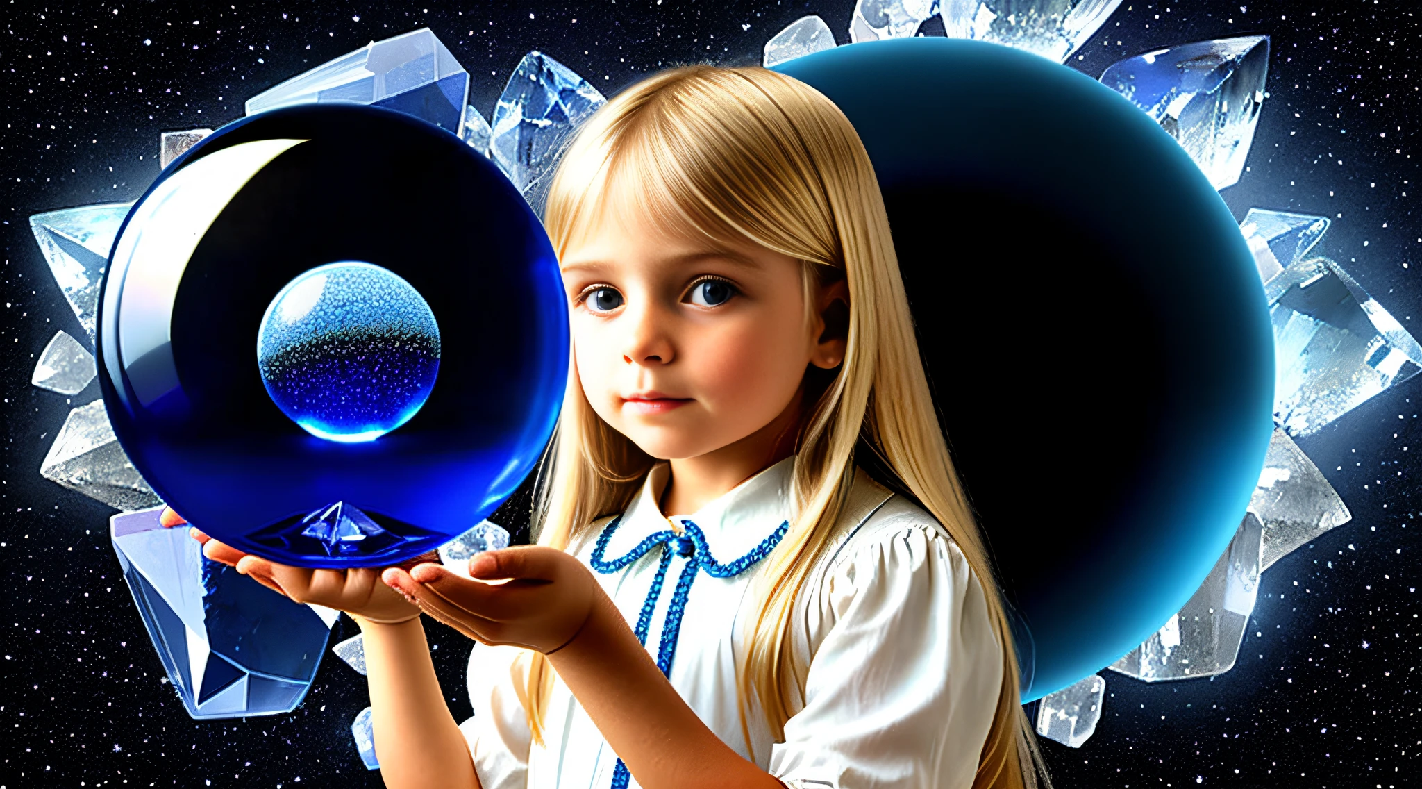 Child girl WITH STRAIGHT BLONDE HAIR, PETROLEUM BLUE BACKGROUND, a crystal ball in her hands.