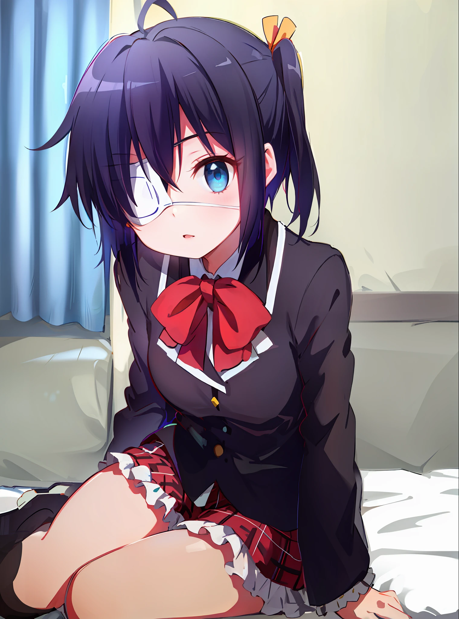 high res, masterpiece,Rikka Takanashi, black hair, solo, 1girl,outside,deatailed background, detailed eyes, ((blue eyes)), eyepatch