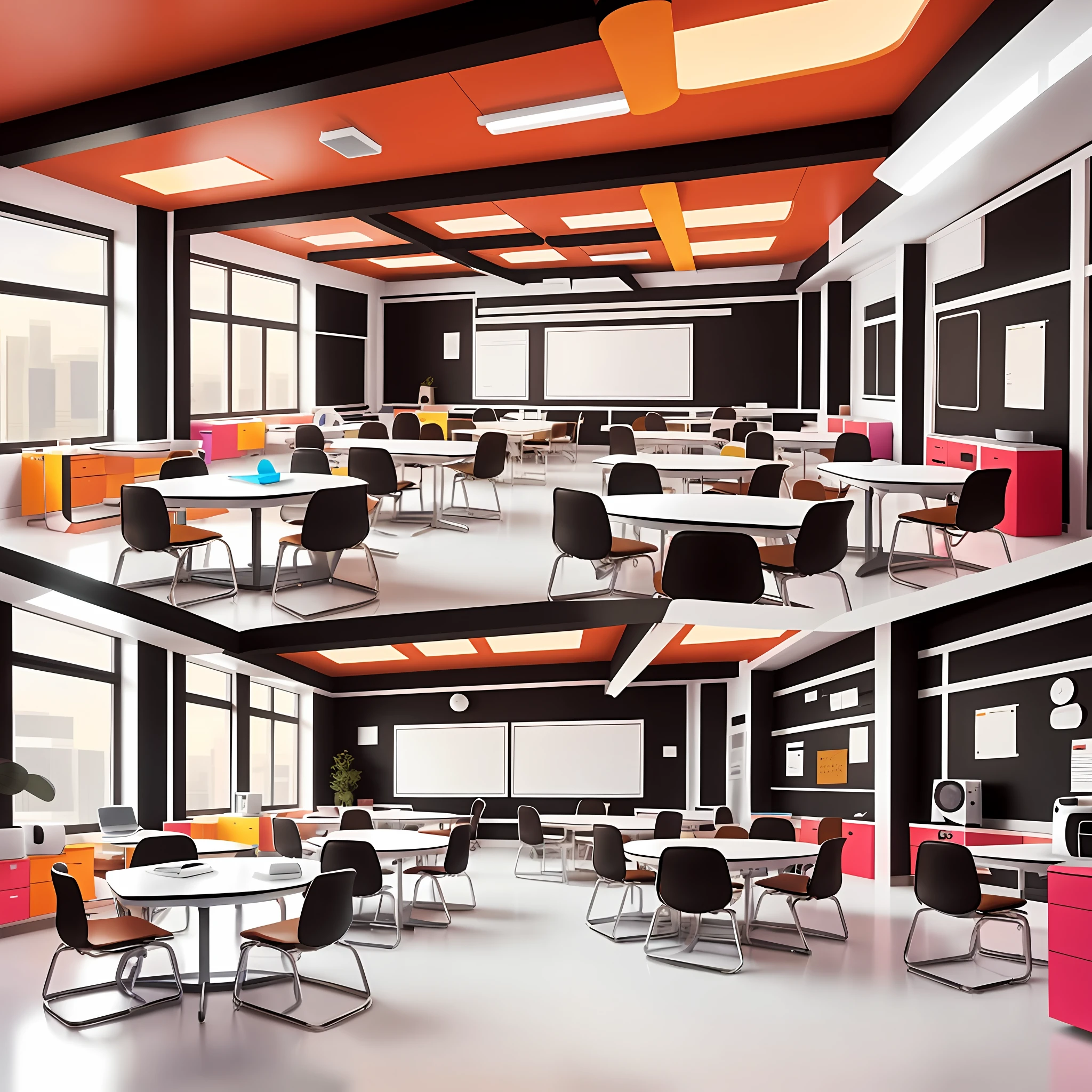 Realistic design. Colorful classroom with round and square tables. young black, white and brown people. men and women. Wheelchair. brainstorm. notebooks, post-its, colored papers, cell phones, tablets, whiteboard, planners. modern and youthful look.