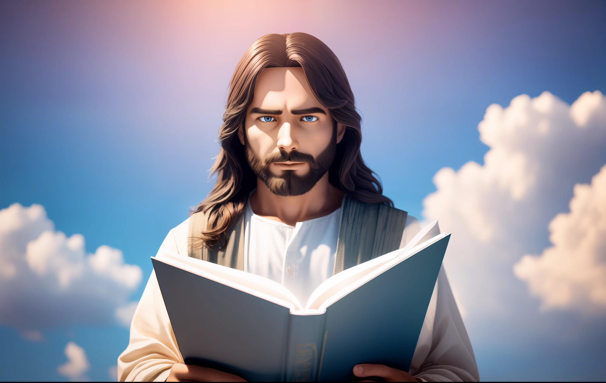 Jesus holding a large book in his hands, with large clouds realistic in the background 4K masterpiece, high quality, high quality, highly detailed CG unit 8k wallpaper, award-winning photos, bokeh, depth of field, HDR, bloom, chromatic aberration, realistic, very detailed, trend in artstation, trend in CGsociety, complex, high detail, dramatic, art in the middle of the journey, Volumetric lighting